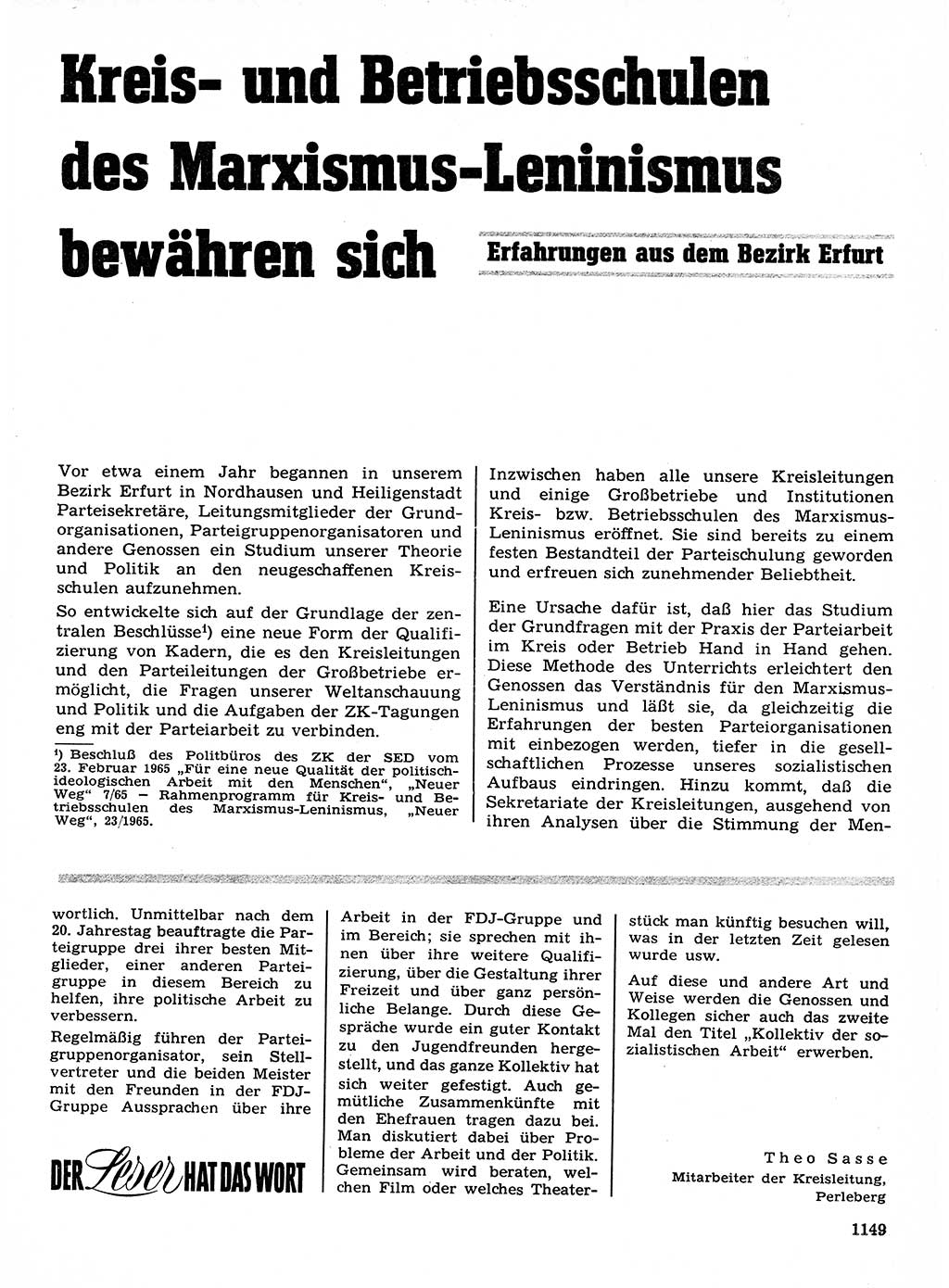 Neuer Weg (NW), Organ des Zentralkomitees (ZK) der SED (Sozialistische Einheitspartei Deutschlands) für Fragen des Parteilebens, 21. Jahrgang [Deutsche Demokratische Republik (DDR)] 1966, Seite 1149 (NW ZK SED DDR 1966, S. 1149)