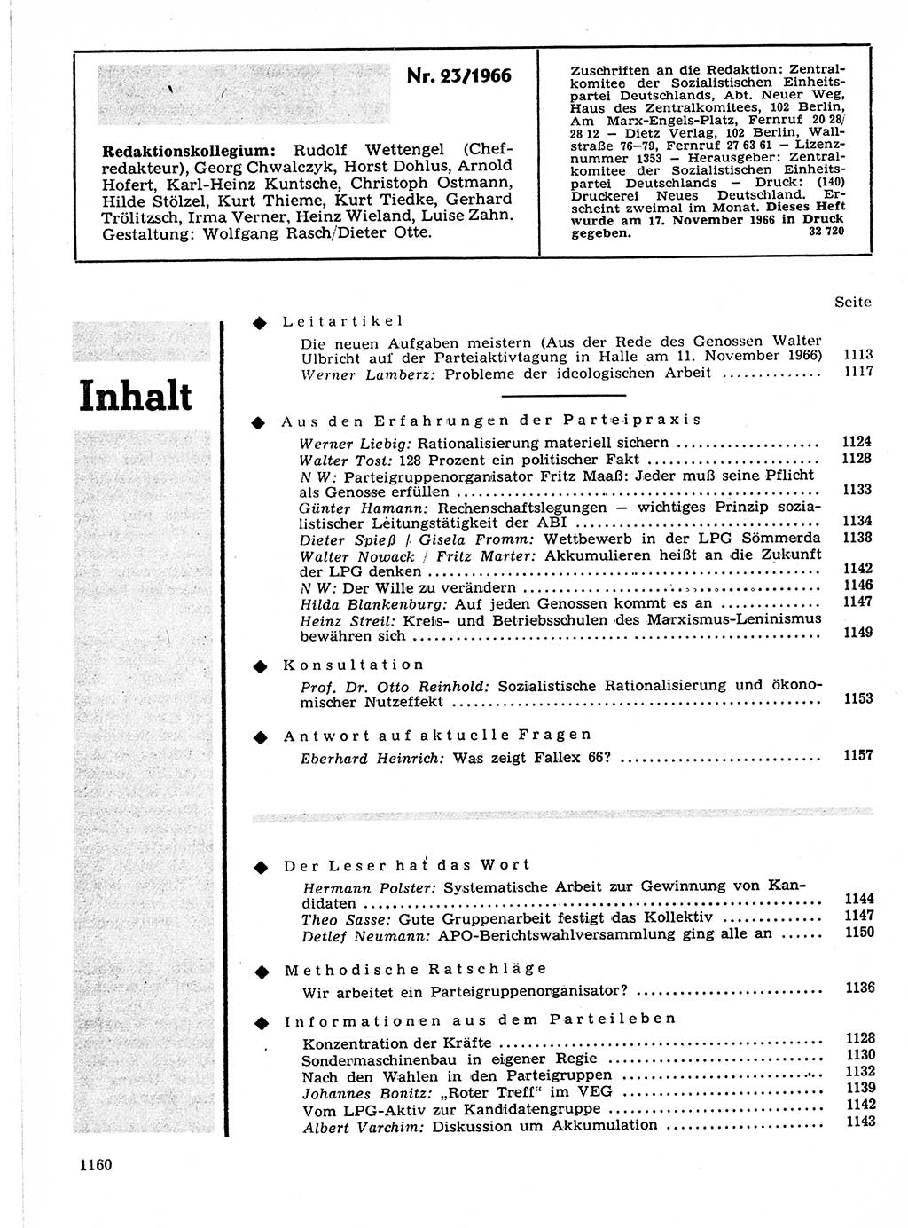 Neuer Weg (NW), Organ des Zentralkomitees (ZK) der SED (Sozialistische Einheitspartei Deutschlands) für Fragen des Parteilebens, 21. Jahrgang [Deutsche Demokratische Republik (DDR)] 1966, Seite 1160 (NW ZK SED DDR 1966, S. 1160)