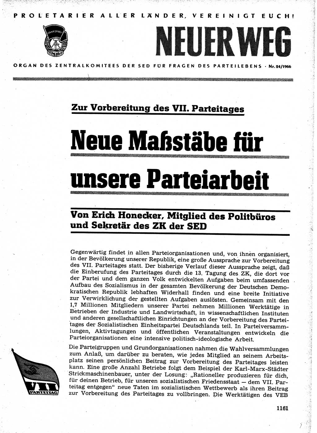 Neuer Weg (NW), Organ des Zentralkomitees (ZK) der SED (Sozialistische Einheitspartei Deutschlands) für Fragen des Parteilebens, 21. Jahrgang [Deutsche Demokratische Republik (DDR)] 1966, Seite 1161 (NW ZK SED DDR 1966, S. 1161)