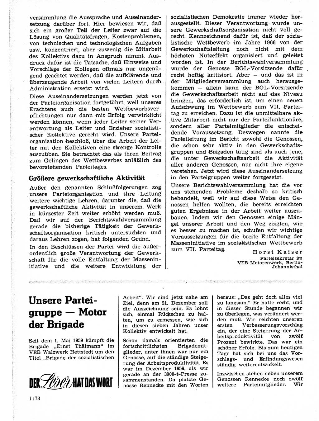 Neuer Weg (NW), Organ des Zentralkomitees (ZK) der SED (Sozialistische Einheitspartei Deutschlands) für Fragen des Parteilebens, 21. Jahrgang [Deutsche Demokratische Republik (DDR)] 1966, Seite 1178 (NW ZK SED DDR 1966, S. 1178)