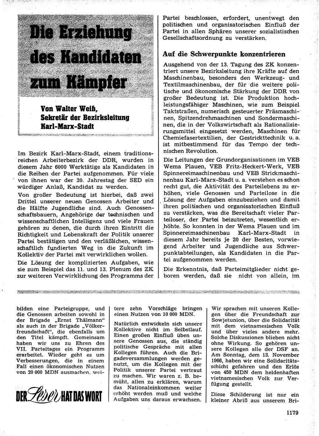 Neuer Weg (NW), Organ des Zentralkomitees (ZK) der SED (Sozialistische Einheitspartei Deutschlands) für Fragen des Parteilebens, 21. Jahrgang [Deutsche Demokratische Republik (DDR)] 1966, Seite 1179 (NW ZK SED DDR 1966, S. 1179)