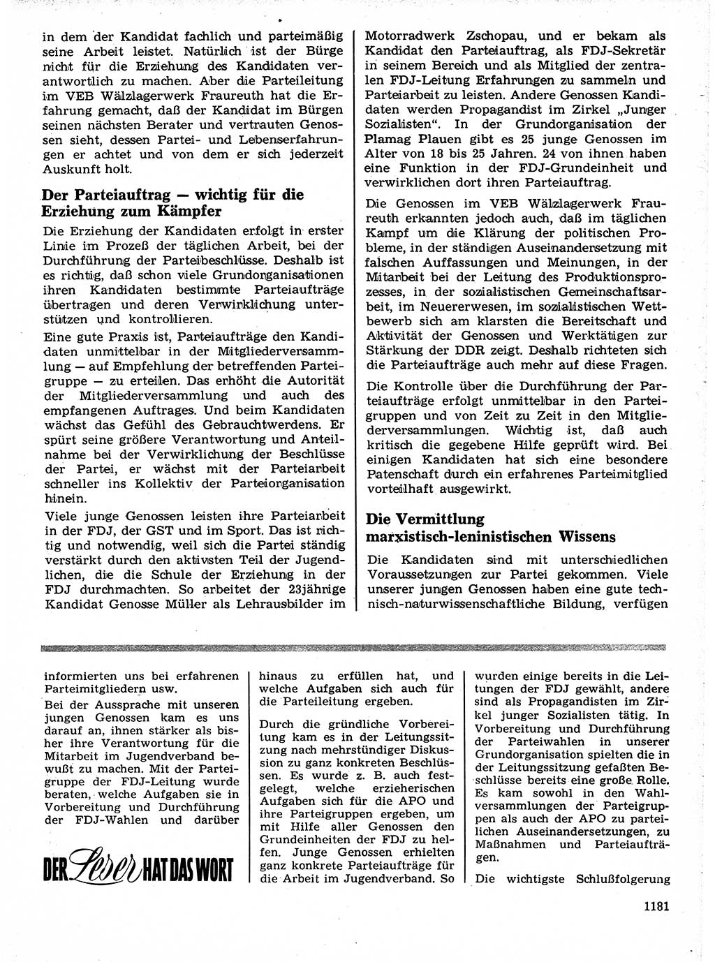 Neuer Weg (NW), Organ des Zentralkomitees (ZK) der SED (Sozialistische Einheitspartei Deutschlands) für Fragen des Parteilebens, 21. Jahrgang [Deutsche Demokratische Republik (DDR)] 1966, Seite 1181 (NW ZK SED DDR 1966, S. 1181)