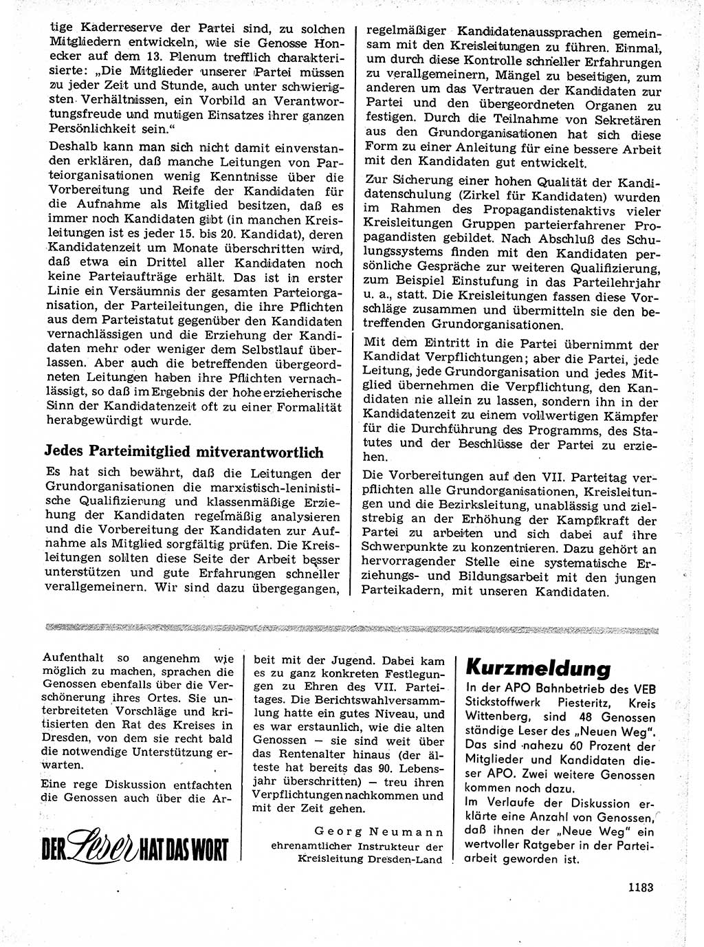 Neuer Weg (NW), Organ des Zentralkomitees (ZK) der SED (Sozialistische Einheitspartei Deutschlands) für Fragen des Parteilebens, 21. Jahrgang [Deutsche Demokratische Republik (DDR)] 1966, Seite 1183 (NW ZK SED DDR 1966, S. 1183)