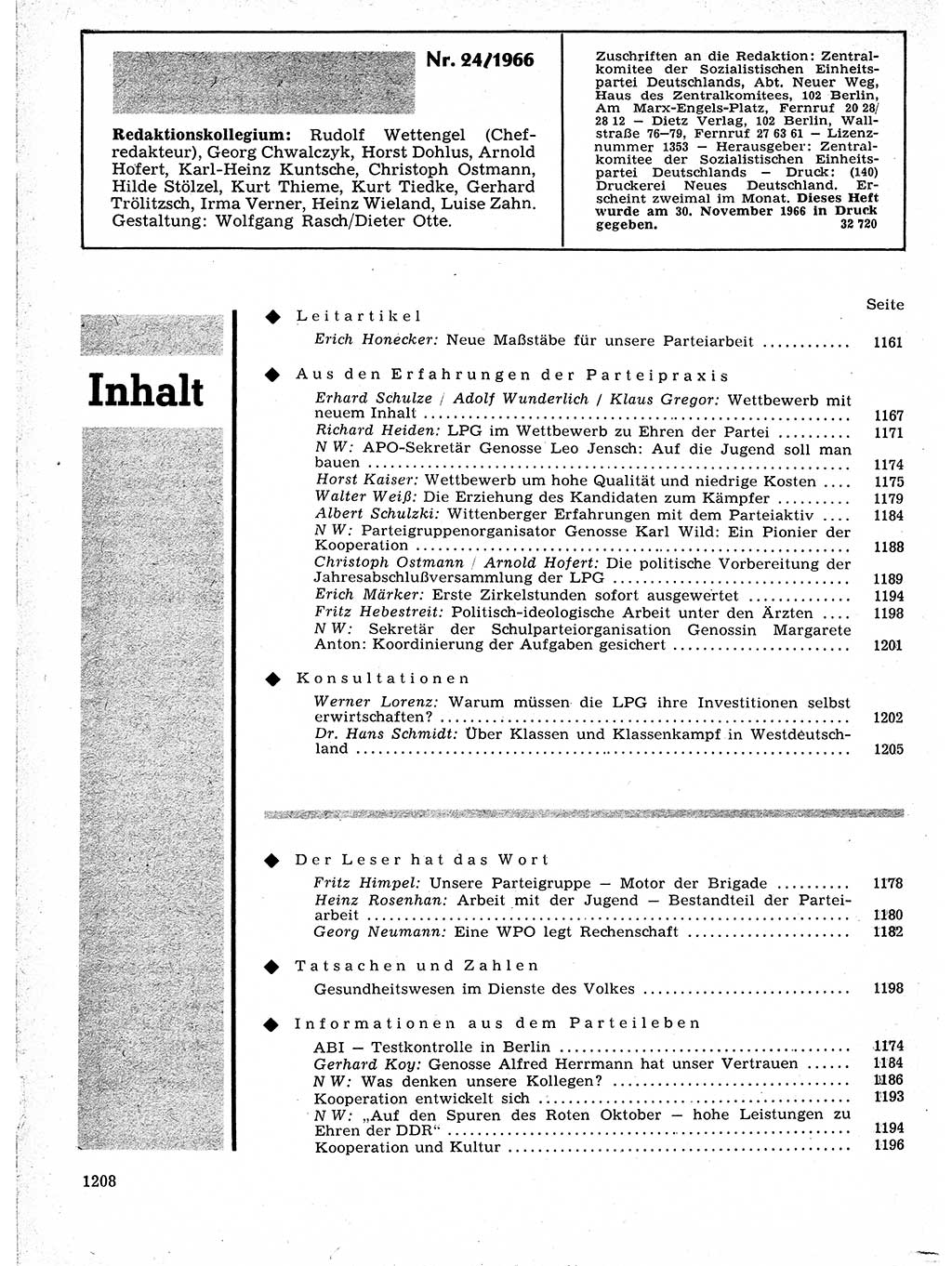 Neuer Weg (NW), Organ des Zentralkomitees (ZK) der SED (Sozialistische Einheitspartei Deutschlands) für Fragen des Parteilebens, 21. Jahrgang [Deutsche Demokratische Republik (DDR)] 1966, Seite 1208 (NW ZK SED DDR 1966, S. 1208)