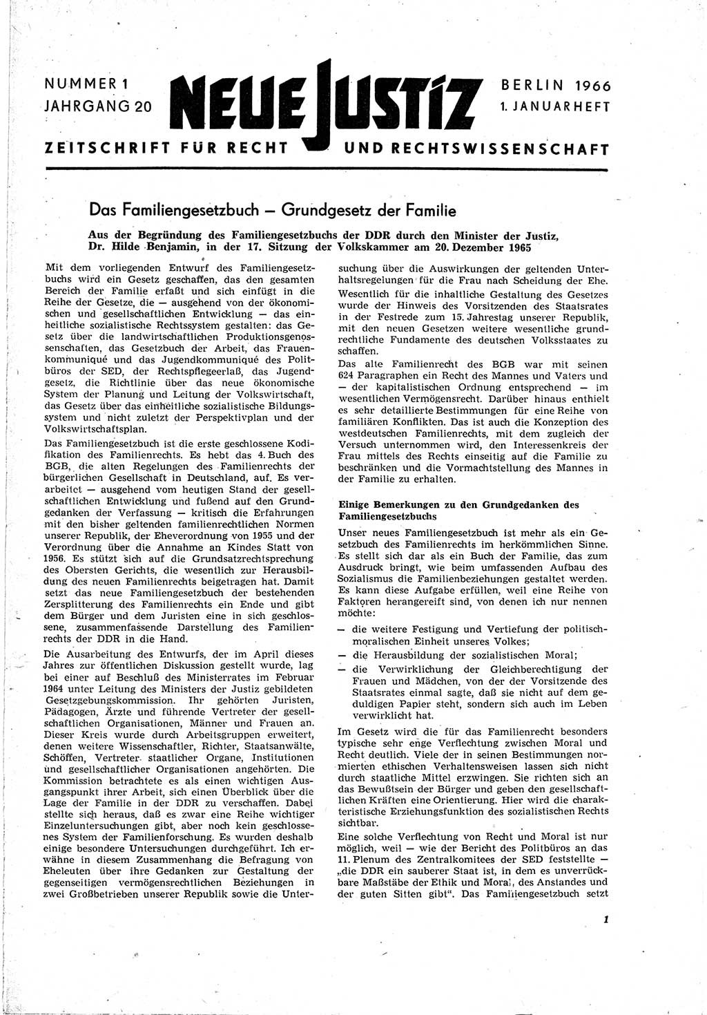 Neue Justiz (NJ), Zeitschrift für Recht und Rechtswissenschaft [Deutsche Demokratische Republik (DDR)], 20. Jahrgang 1966, Seite 1 (NJ DDR 1966, S. 1)
