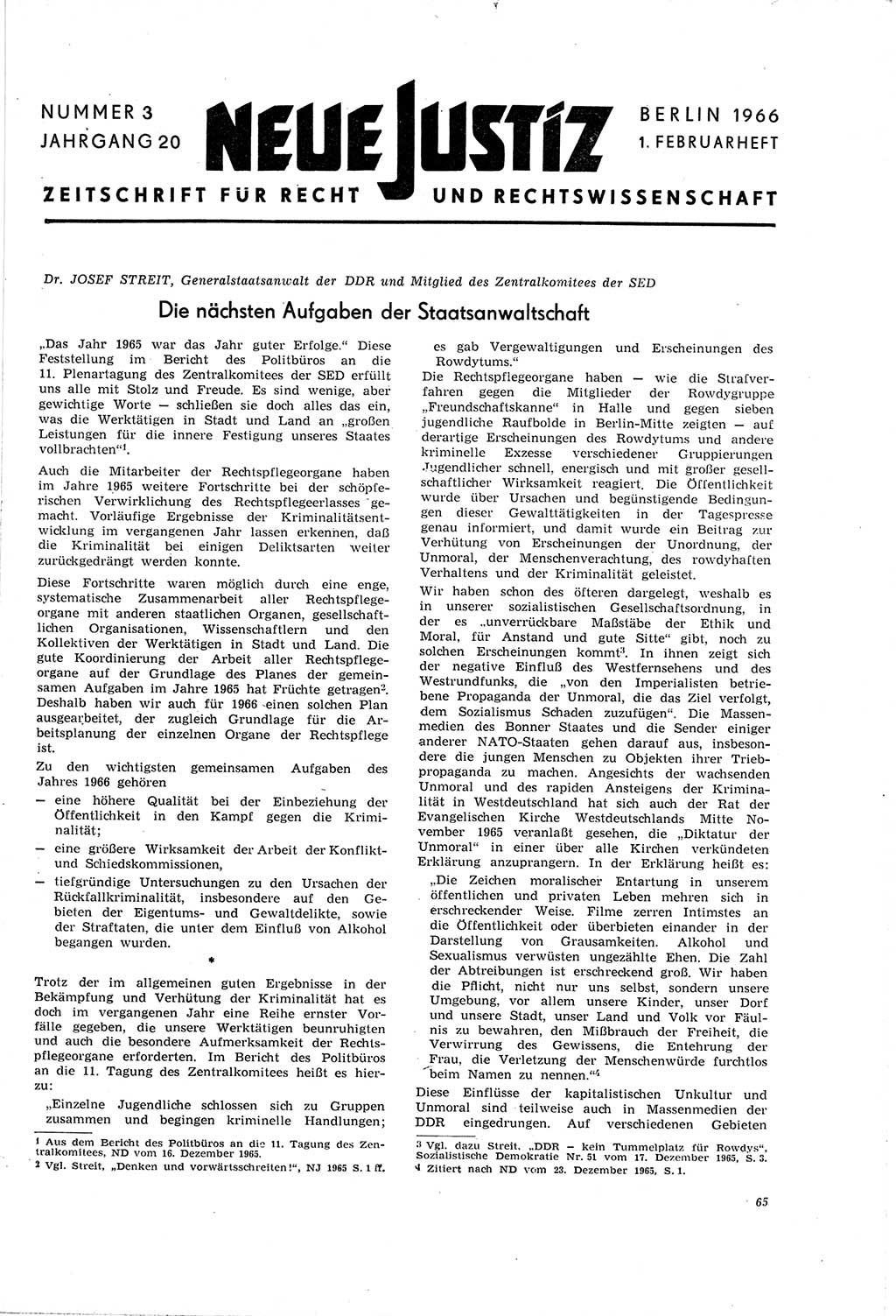 Neue Justiz (NJ), Zeitschrift für Recht und Rechtswissenschaft [Deutsche Demokratische Republik (DDR)], 20. Jahrgang 1966, Seite 65 (NJ DDR 1966, S. 65)