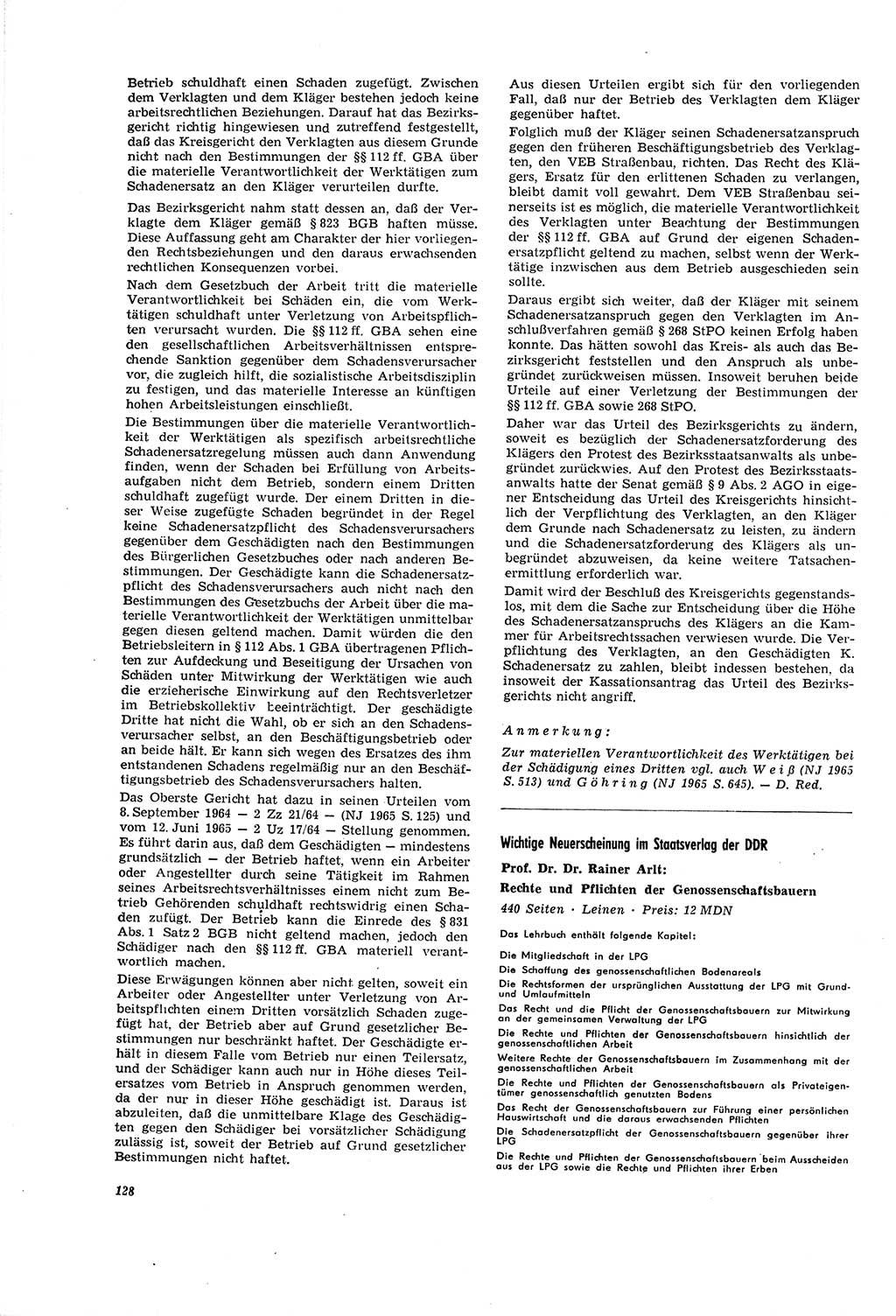 Neue Justiz (NJ), Zeitschrift für Recht und Rechtswissenschaft [Deutsche Demokratische Republik (DDR)], 20. Jahrgang 1966, Seite 128 (NJ DDR 1966, S. 128)