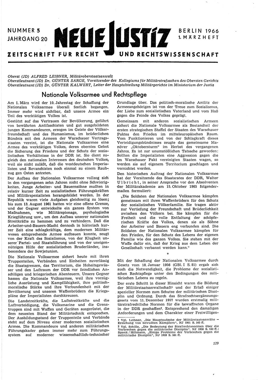 Neue Justiz (NJ), Zeitschrift für Recht und Rechtswissenschaft [Deutsche Demokratische Republik (DDR)], 20. Jahrgang 1966, Seite 129 (NJ DDR 1966, S. 129)