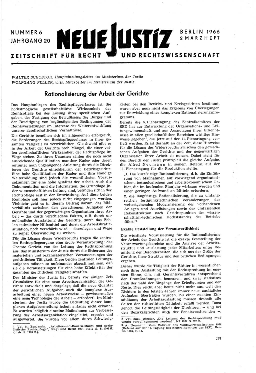 Neue Justiz (NJ), Zeitschrift für Recht und Rechtswissenschaft [Deutsche Demokratische Republik (DDR)], 20. Jahrgang 1966, Seite 161 (NJ DDR 1966, S. 161)