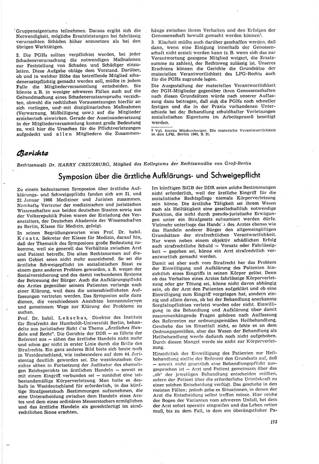 Neue Justiz (NJ), Zeitschrift für Recht und Rechtswissenschaft [Deutsche Demokratische Republik (DDR)], 20. Jahrgang 1966, Seite 173 (NJ DDR 1966, S. 173)