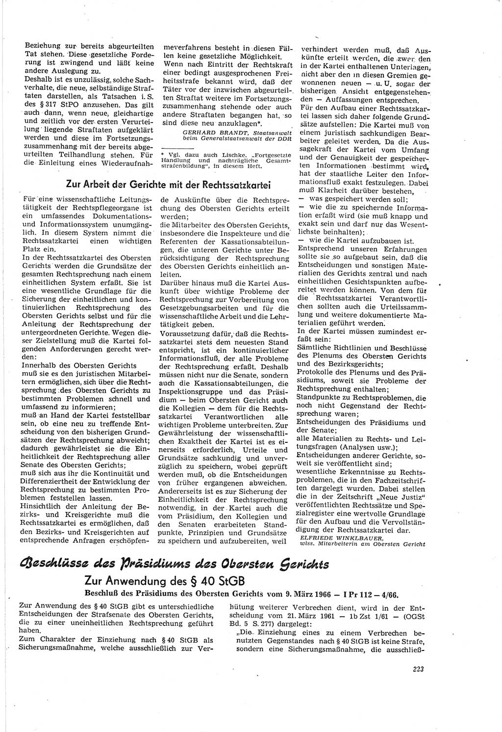 Neue Justiz (NJ), Zeitschrift für Recht und Rechtswissenschaft [Deutsche Demokratische Republik (DDR)], 20. Jahrgang 1966, Seite 223 (NJ DDR 1966, S. 223)