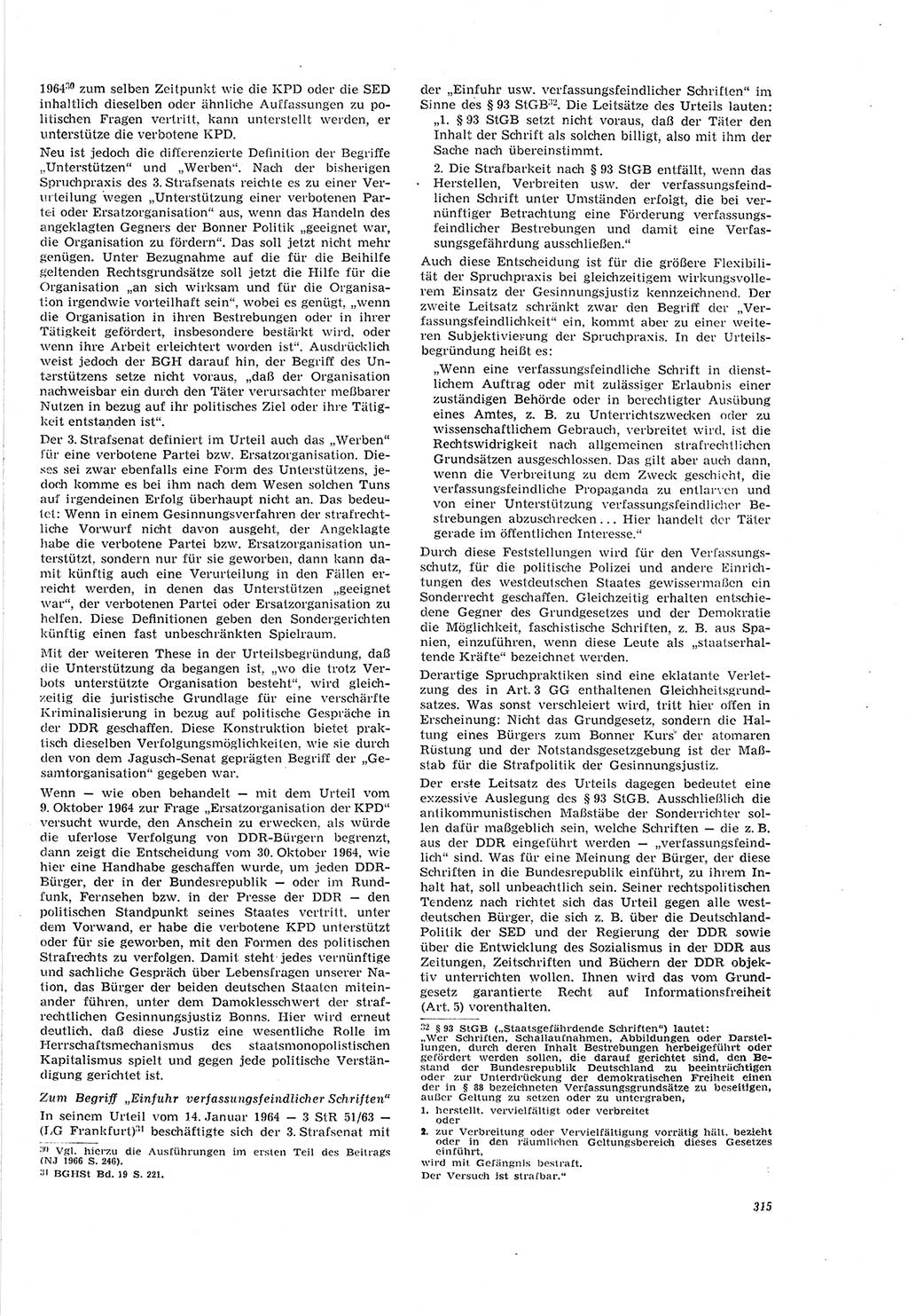 Neue Justiz (NJ), Zeitschrift für Recht und Rechtswissenschaft [Deutsche Demokratische Republik (DDR)], 20. Jahrgang 1966, Seite 315 (NJ DDR 1966, S. 315)