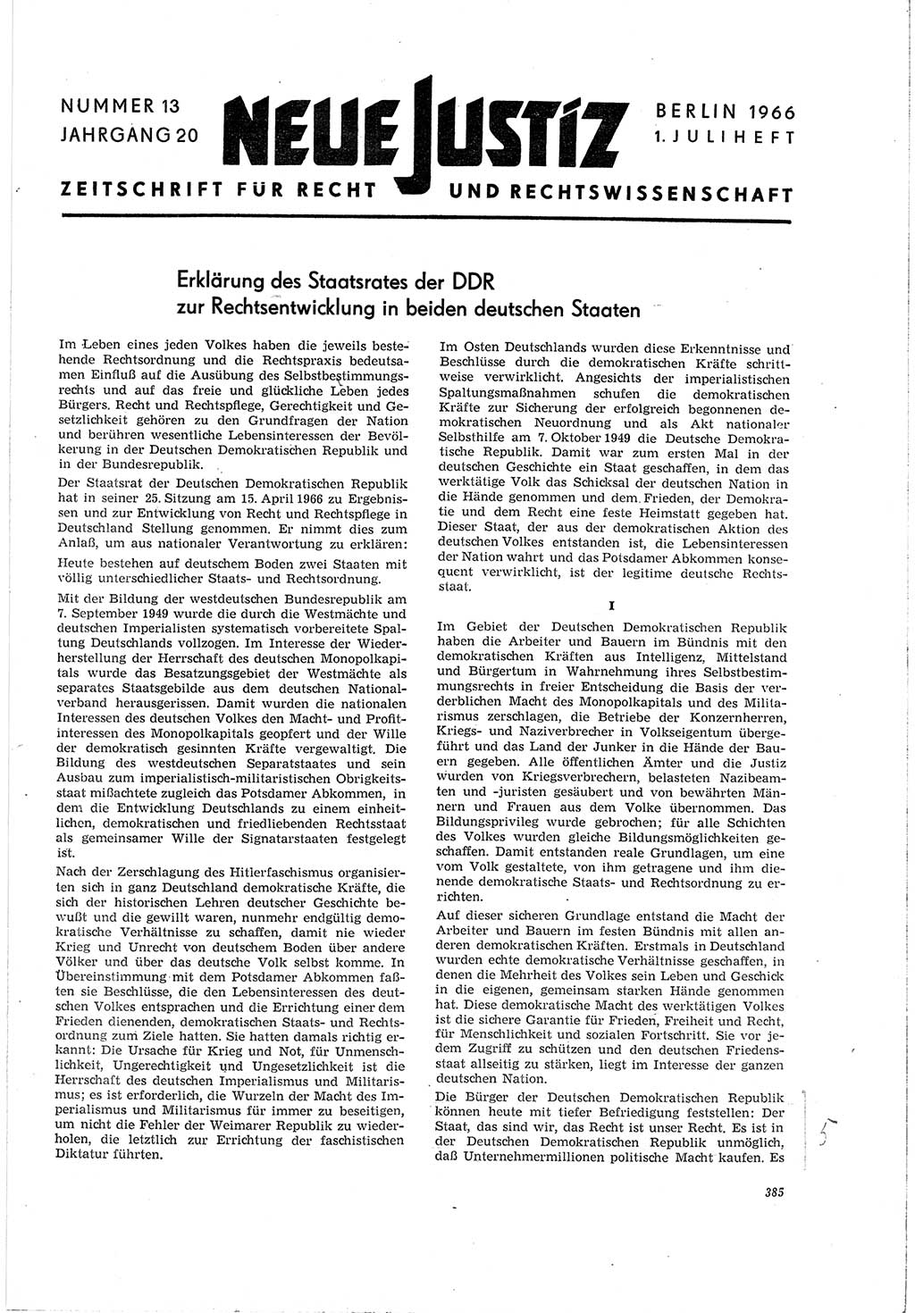 Neue Justiz (NJ), Zeitschrift für Recht und Rechtswissenschaft [Deutsche Demokratische Republik (DDR)], 20. Jahrgang 1966, Seite 385 (NJ DDR 1966, S. 385)