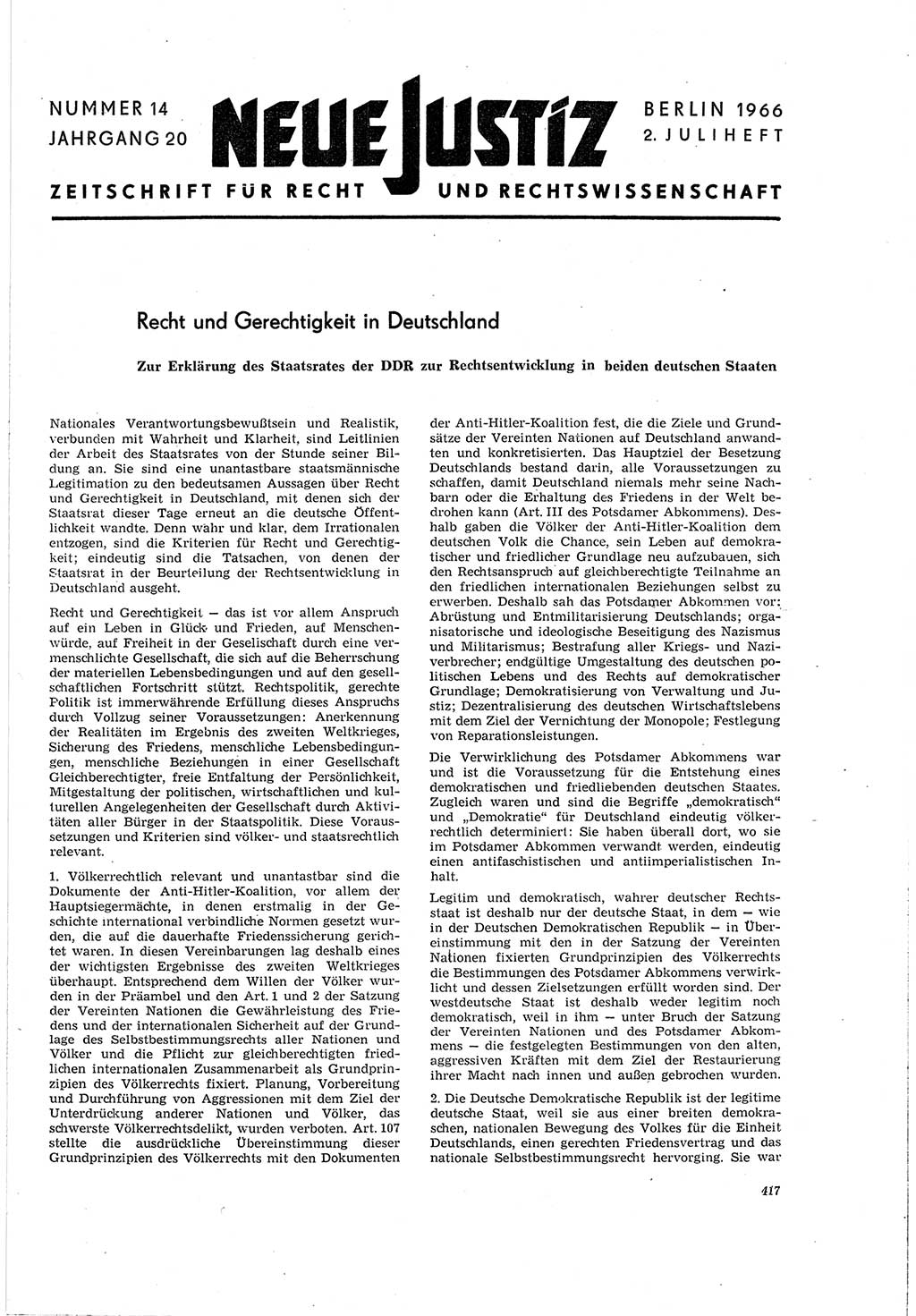 Neue Justiz (NJ), Zeitschrift für Recht und Rechtswissenschaft [Deutsche Demokratische Republik (DDR)], 20. Jahrgang 1966, Seite 417 (NJ DDR 1966, S. 417)