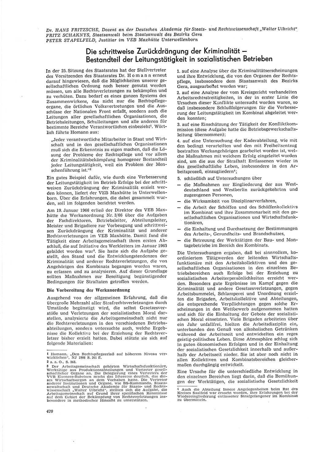 Neue Justiz (NJ), Zeitschrift für Recht und Rechtswissenschaft [Deutsche Demokratische Republik (DDR)], 20. Jahrgang 1966, Seite 420 (NJ DDR 1966, S. 420)