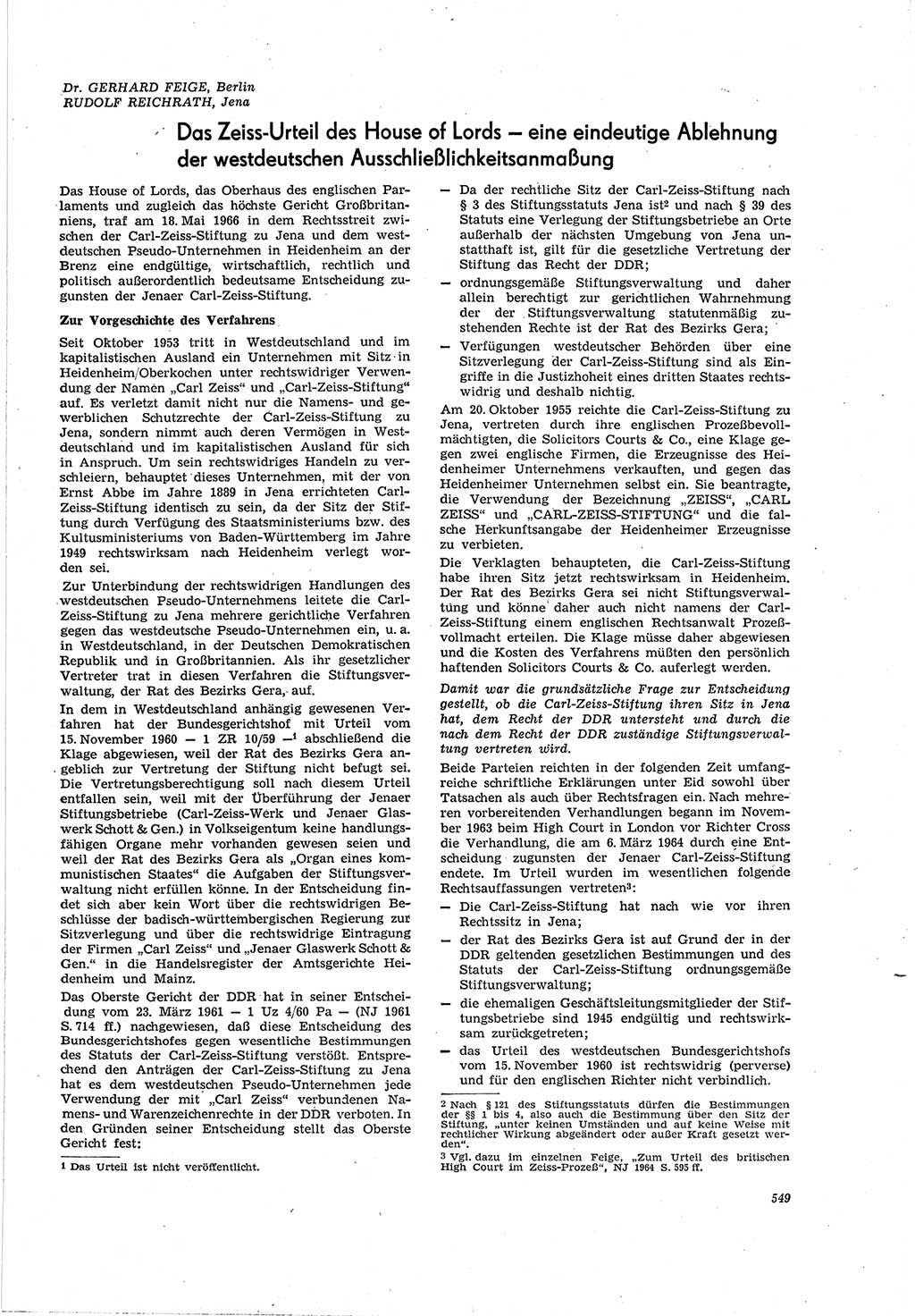 Neue Justiz (NJ), Zeitschrift für Recht und Rechtswissenschaft [Deutsche Demokratische Republik (DDR)], 20. Jahrgang 1966, Seite 549 (NJ DDR 1966, S. 549)