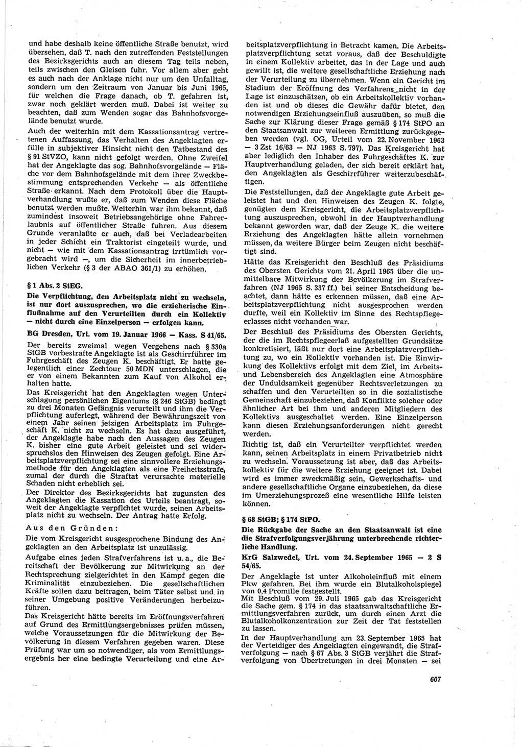 Neue Justiz (NJ), Zeitschrift für Recht und Rechtswissenschaft [Deutsche Demokratische Republik (DDR)], 20. Jahrgang 1966, Seite 607 (NJ DDR 1966, S. 607)