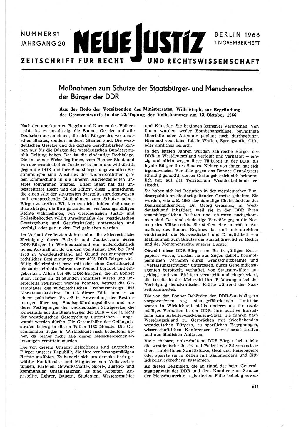 Neue Justiz (NJ), Zeitschrift für Recht und Rechtswissenschaft [Deutsche Demokratische Republik (DDR)], 20. Jahrgang 1966, Seite 641 (NJ DDR 1966, S. 641)