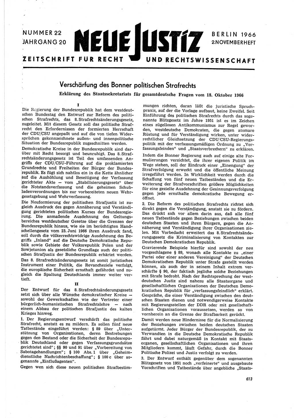 Neue Justiz (NJ), Zeitschrift für Recht und Rechtswissenschaft [Deutsche Demokratische Republik (DDR)], 20. Jahrgang 1966, Seite 673 (NJ DDR 1966, S. 673)