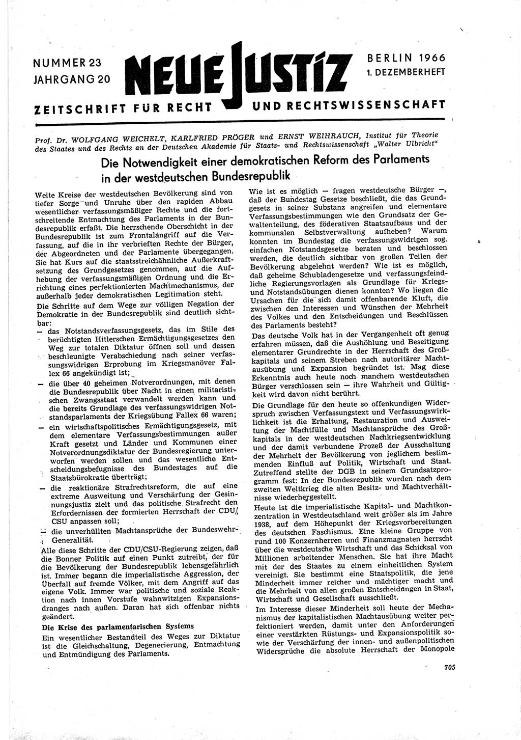 Neue Justiz (NJ), Zeitschrift für Recht und Rechtswissenschaft [Deutsche Demokratische Republik (DDR)], 20. Jahrgang 1966, Seite 705 (NJ DDR 1966, S. 705)