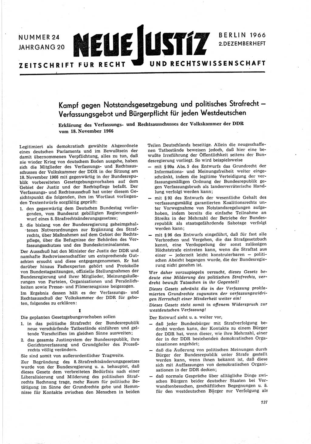 Neue Justiz (NJ), Zeitschrift für Recht und Rechtswissenschaft [Deutsche Demokratische Republik (DDR)], 20. Jahrgang 1966, Seite 737 (NJ DDR 1966, S. 737)