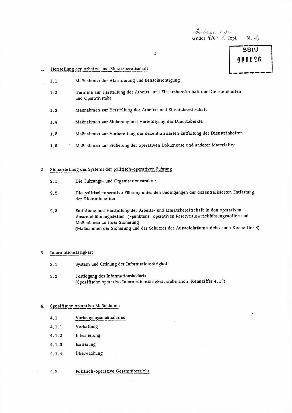 Anlage zur Direktive Nr. 1/67, Inhalt und Ziel der Mobilmachungsarbeit im Ministerium für Staatssicherheit, die Planung und Organisation der Mobilmachungsaufgaben und besonderer Maßnahmen der Vorbereitung des Ministeriums für Staatssicherheit im Verteidigungszustand, Deutsche Demokratische Republik (DDR), Ministerium für Staatssicherheit (MfS), Der Minister, Geheime Kommandosache (GKdos) 1/67, Berlin 1967, Seite 2 ( Anl. Dir. 1/67 DDR MfS Min. GKdos 1/67 1967, S. 2)