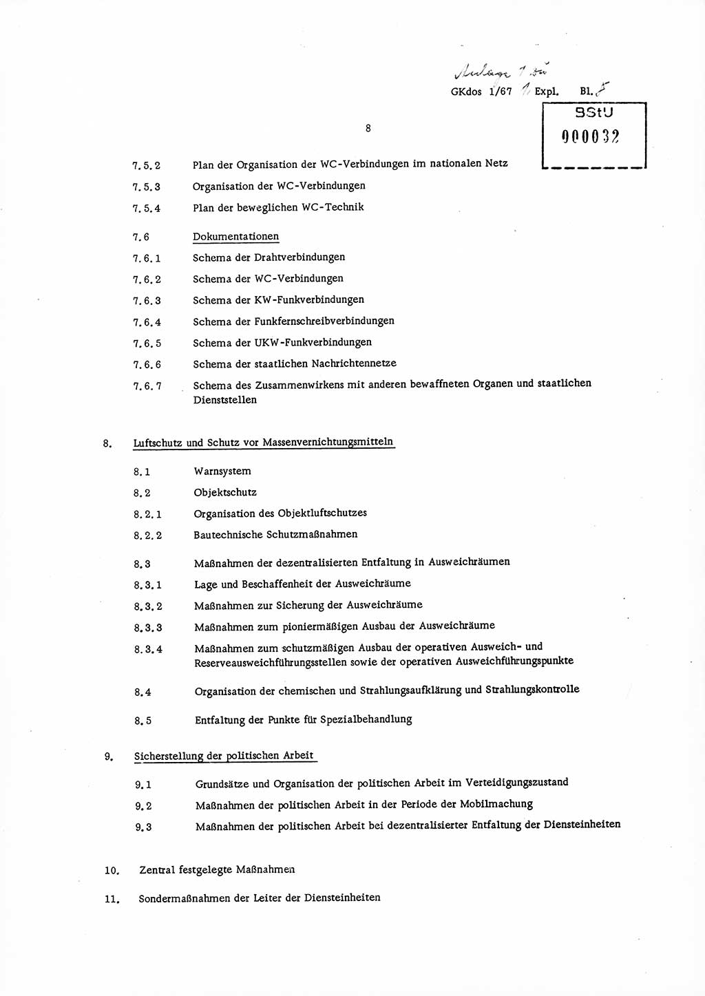 Anlage zur Direktive Nr. 1/67, Inhalt und Ziel der Mobilmachungsarbeit im Ministerium für Staatssicherheit, die Planung und Organisation der Mobilmachungsaufgaben und besonderer Maßnahmen der Vorbereitung des Ministeriums für Staatssicherheit im Verteidigungszustand, Deutsche Demokratische Republik (DDR), Ministerium für Staatssicherheit (MfS), Der Minister, Geheime Kommandosache (GKdos) 1/67, Berlin 1967, Seite 8 ( Anl. Dir. 1/67 DDR MfS Min. GKdos 1/67 1967, S. 8)