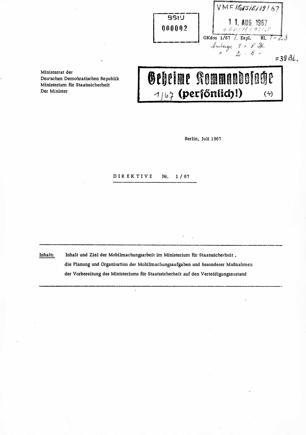 Direktive Nr. 1/67, Inhalt und Ziel der Mobilmachungsarbeit im Ministerium für Staatssicherheit, die Planung und Organisation der Mobilmachungsaufgaben und besonderer Maßnahmen der Vorbereitung des Ministeriums für Staatssicherheit im Verteidigungszustand, Deutsche Demokratische Republik (DDR), Ministerium für Staatssicherheit (MfS), Der Minister, Geheime Kommandosache (GKdos) 1/67, Berlin 1967, Seite 1 ( Dir. 1/67 DDR MfS Min. GKdos 1/67 1967, S. 1)