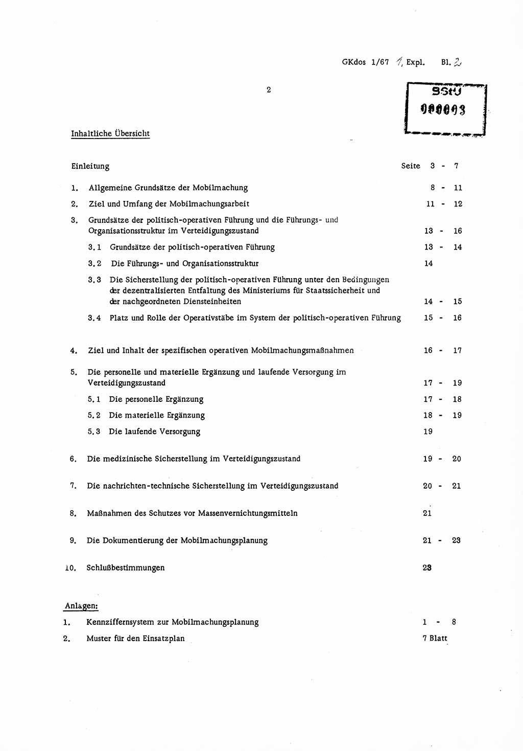 Direktive Nr. 1/67, Inhalt und Ziel der Mobilmachungsarbeit im Ministerium für Staatssicherheit, die Planung und Organisation der Mobilmachungsaufgaben und besonderer Maßnahmen der Vorbereitung des Ministeriums für Staatssicherheit im Verteidigungszustand, Deutsche Demokratische Republik (DDR), Ministerium für Staatssicherheit (MfS), Der Minister, Geheime Kommandosache (GKdos) 1/67, Berlin 1967, Seite 2 ( Dir. 1/67 DDR MfS Min. GKdos 1/67 1967, S. 2)