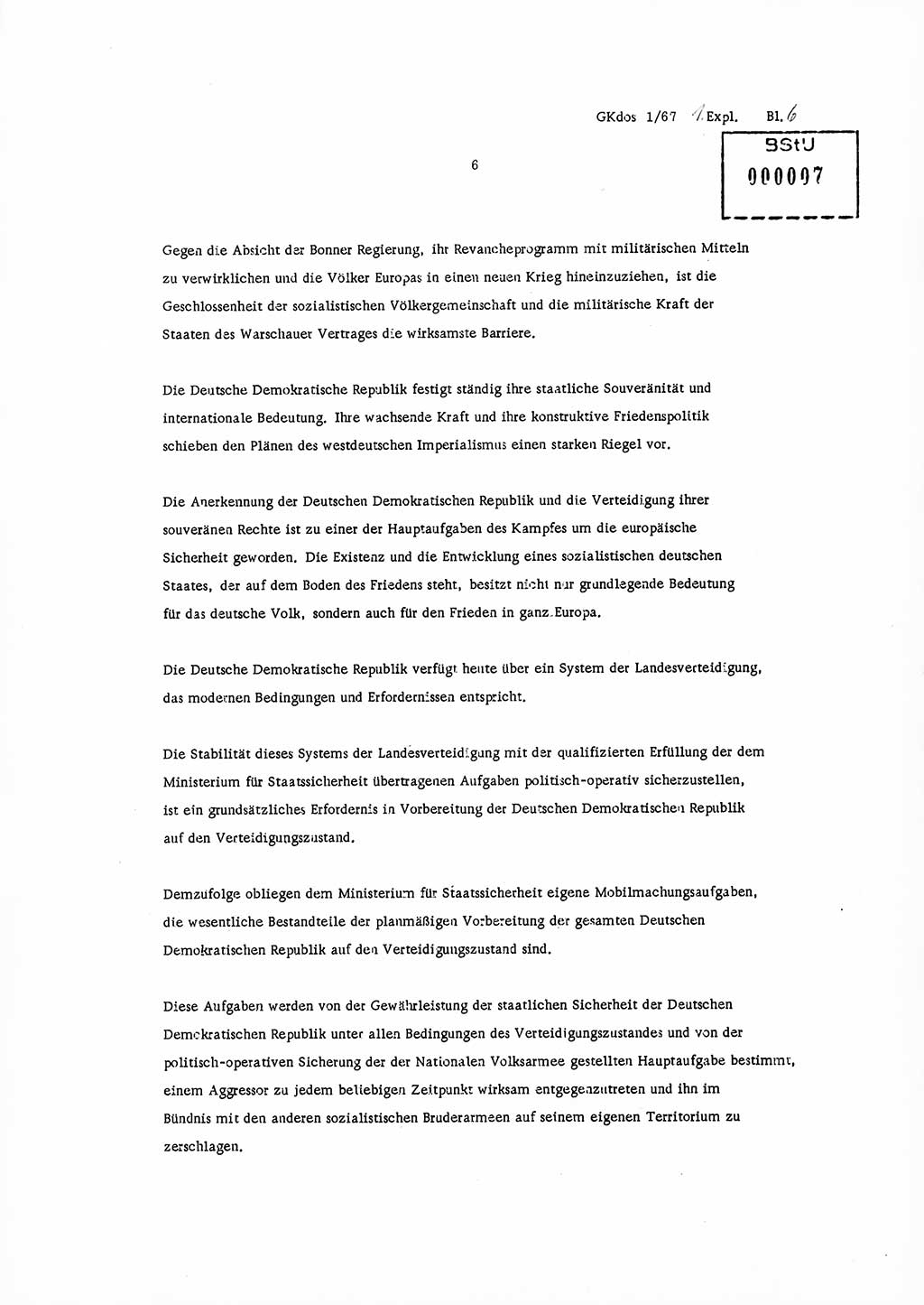 Direktive Nr. 1/67, Inhalt und Ziel der Mobilmachungsarbeit im Ministerium für Staatssicherheit, die Planung und Organisation der Mobilmachungsaufgaben und besonderer Maßnahmen der Vorbereitung des Ministeriums für Staatssicherheit im Verteidigungszustand, Deutsche Demokratische Republik (DDR), Ministerium für Staatssicherheit (MfS), Der Minister, Geheime Kommandosache (GKdos) 1/67, Berlin 1967, Seite 6 ( Dir. 1/67 DDR MfS Min. GKdos 1/67 1967, S. 6)