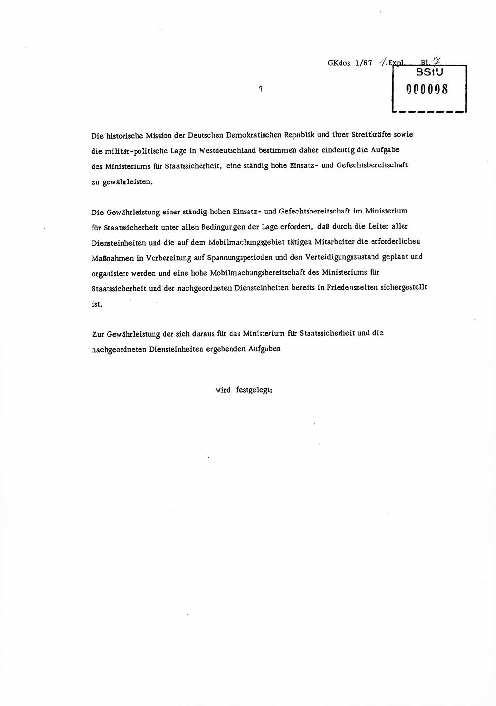 Direktive Nr. 1/67, Inhalt und Ziel der Mobilmachungsarbeit im Ministerium für Staatssicherheit, die Planung und Organisation der Mobilmachungsaufgaben und besonderer Maßnahmen der Vorbereitung des Ministeriums für Staatssicherheit im Verteidigungszustand, Deutsche Demokratische Republik (DDR), Ministerium für Staatssicherheit (MfS), Der Minister, Geheime Kommandosache (GKdos) 1/67, Berlin 1967, Seite 7 ( Dir. 1/67 DDR MfS Min. GKdos 1/67 1967, S. 7)