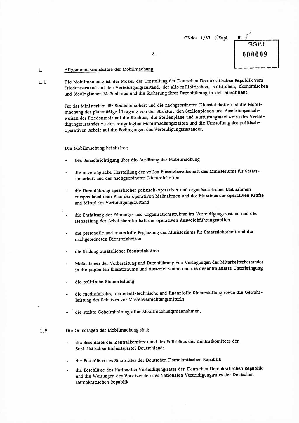 Direktive Nr. 1/67, Inhalt und Ziel der Mobilmachungsarbeit im Ministerium für Staatssicherheit, die Planung und Organisation der Mobilmachungsaufgaben und besonderer Maßnahmen der Vorbereitung des Ministeriums für Staatssicherheit im Verteidigungszustand, Deutsche Demokratische Republik (DDR), Ministerium für Staatssicherheit (MfS), Der Minister, Geheime Kommandosache (GKdos) 1/67, Berlin 1967, Seite 8 ( Dir. 1/67 DDR MfS Min. GKdos 1/67 1967, S. 8)