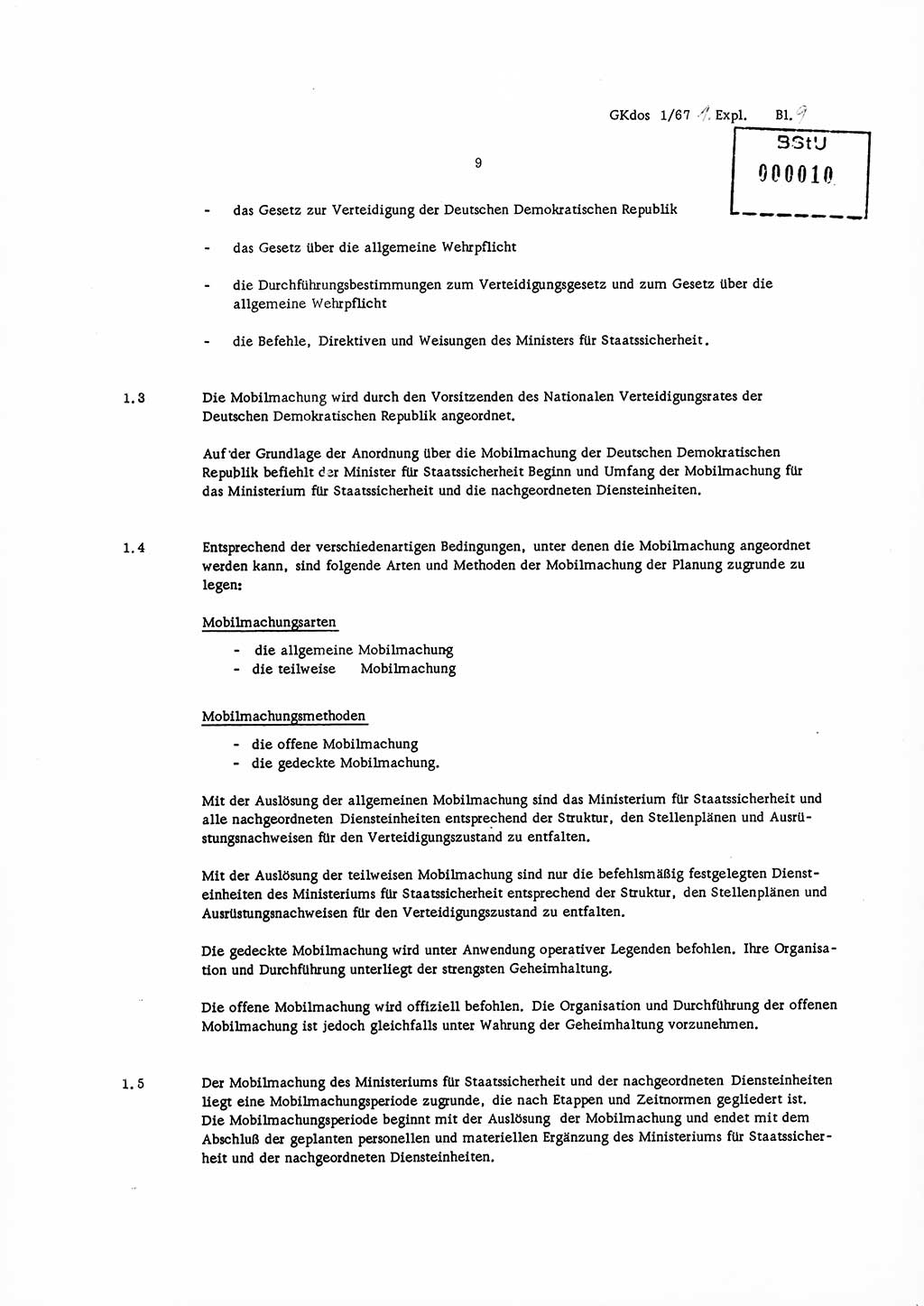 Direktive Nr. 1/67, Inhalt und Ziel der Mobilmachungsarbeit im Ministerium für Staatssicherheit, die Planung und Organisation der Mobilmachungsaufgaben und besonderer Maßnahmen der Vorbereitung des Ministeriums für Staatssicherheit im Verteidigungszustand, Deutsche Demokratische Republik (DDR), Ministerium für Staatssicherheit (MfS), Der Minister, Geheime Kommandosache (GKdos) 1/67, Berlin 1967, Seite 9 ( Dir. 1/67 DDR MfS Min. GKdos 1/67 1967, S. 9)