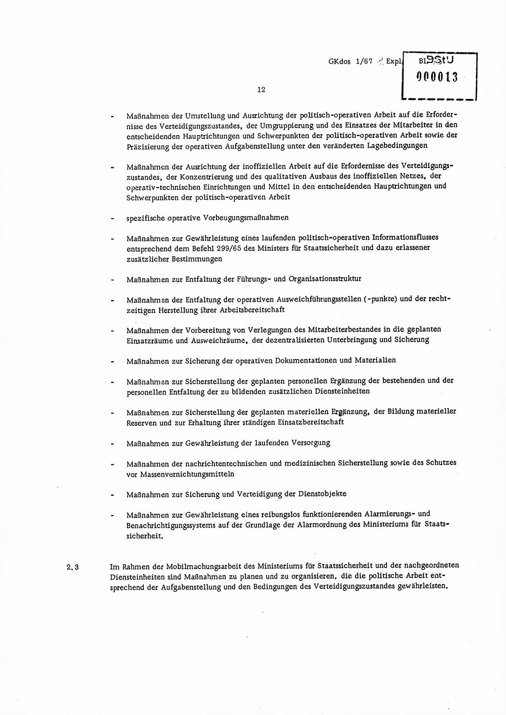 Direktive Nr. 1/67, Inhalt und Ziel der Mobilmachungsarbeit im Ministerium für Staatssicherheit, die Planung und Organisation der Mobilmachungsaufgaben und besonderer Maßnahmen der Vorbereitung des Ministeriums für Staatssicherheit im Verteidigungszustand, Deutsche Demokratische Republik (DDR), Ministerium für Staatssicherheit (MfS), Der Minister, Geheime Kommandosache (GKdos) 1/67, Berlin 1967, Seite 12 ( Dir. 1/67 DDR MfS Min. GKdos 1/67 1967, S. 12)