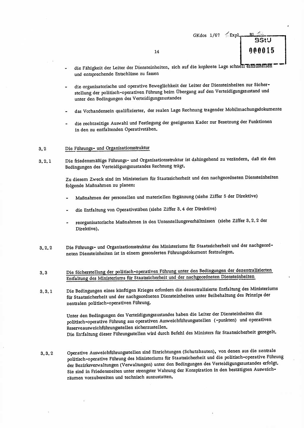 Direktive Nr. 1/67, Inhalt und Ziel der Mobilmachungsarbeit im Ministerium für Staatssicherheit, die Planung und Organisation der Mobilmachungsaufgaben und besonderer Maßnahmen der Vorbereitung des Ministeriums für Staatssicherheit im Verteidigungszustand, Deutsche Demokratische Republik (DDR), Ministerium für Staatssicherheit (MfS), Der Minister, Geheime Kommandosache (GKdos) 1/67, Berlin 1967, Seite 14 ( Dir. 1/67 DDR MfS Min. GKdos 1/67 1967, S. 14)