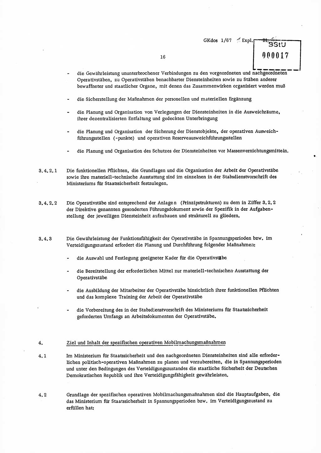 Direktive Nr. 1/67, Inhalt und Ziel der Mobilmachungsarbeit im Ministerium für Staatssicherheit, die Planung und Organisation der Mobilmachungsaufgaben und besonderer Maßnahmen der Vorbereitung des Ministeriums für Staatssicherheit im Verteidigungszustand, Deutsche Demokratische Republik (DDR), Ministerium für Staatssicherheit (MfS), Der Minister, Geheime Kommandosache (GKdos) 1/67, Berlin 1967, Seite 16 ( Dir. 1/67 DDR MfS Min. GKdos 1/67 1967, S. 16)