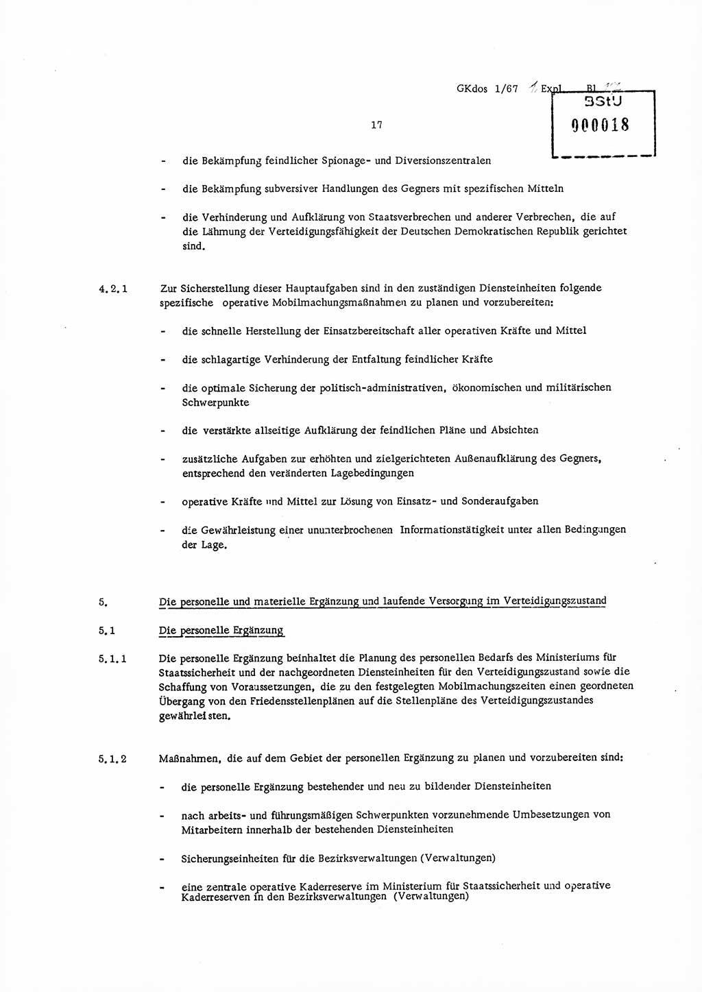 Direktive Nr. 1/67, Inhalt und Ziel der Mobilmachungsarbeit im Ministerium für Staatssicherheit, die Planung und Organisation der Mobilmachungsaufgaben und besonderer Maßnahmen der Vorbereitung des Ministeriums für Staatssicherheit im Verteidigungszustand, Deutsche Demokratische Republik (DDR), Ministerium für Staatssicherheit (MfS), Der Minister, Geheime Kommandosache (GKdos) 1/67, Berlin 1967, Seite 17 ( Dir. 1/67 DDR MfS Min. GKdos 1/67 1967, S. 17)