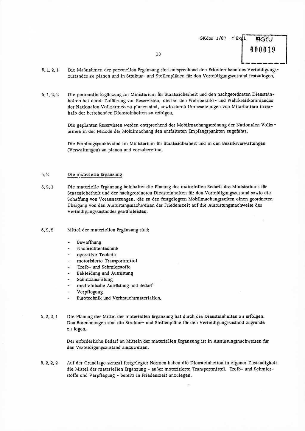 Direktive Nr. 1/67, Inhalt und Ziel der Mobilmachungsarbeit im Ministerium für Staatssicherheit, die Planung und Organisation der Mobilmachungsaufgaben und besonderer Maßnahmen der Vorbereitung des Ministeriums für Staatssicherheit im Verteidigungszustand, Deutsche Demokratische Republik (DDR), Ministerium für Staatssicherheit (MfS), Der Minister, Geheime Kommandosache (GKdos) 1/67, Berlin 1967, Seite 18 ( Dir. 1/67 DDR MfS Min. GKdos 1/67 1967, S. 18)