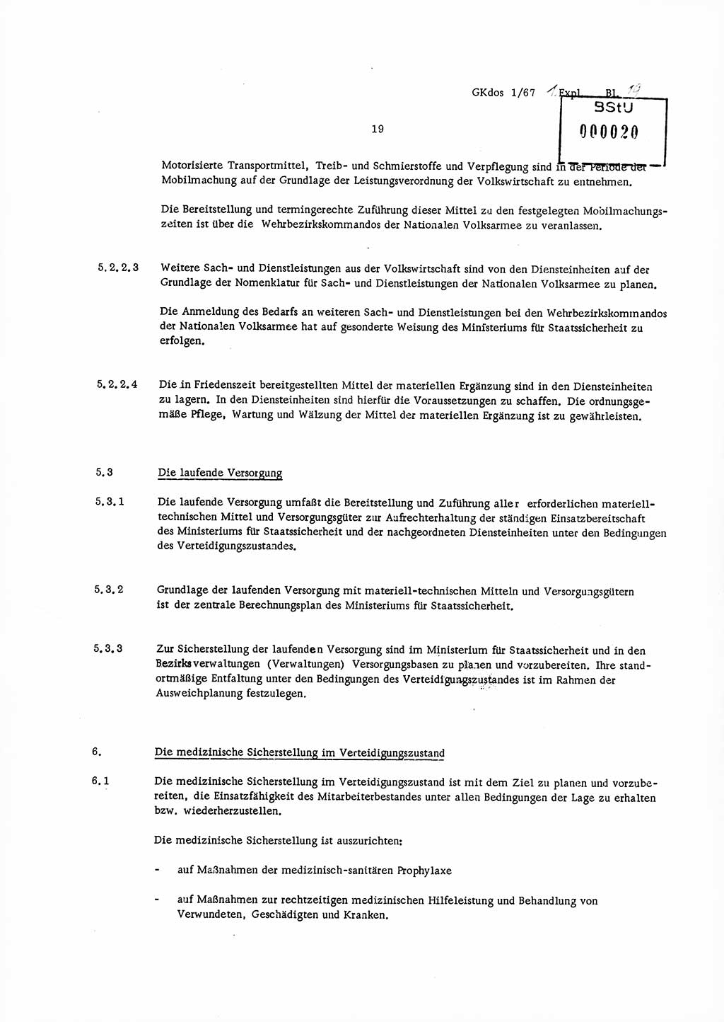 Direktive Nr. 1/67, Inhalt und Ziel der Mobilmachungsarbeit im Ministerium für Staatssicherheit, die Planung und Organisation der Mobilmachungsaufgaben und besonderer Maßnahmen der Vorbereitung des Ministeriums für Staatssicherheit im Verteidigungszustand, Deutsche Demokratische Republik (DDR), Ministerium für Staatssicherheit (MfS), Der Minister, Geheime Kommandosache (GKdos) 1/67, Berlin 1967, Seite 19 ( Dir. 1/67 DDR MfS Min. GKdos 1/67 1967, S. 19)