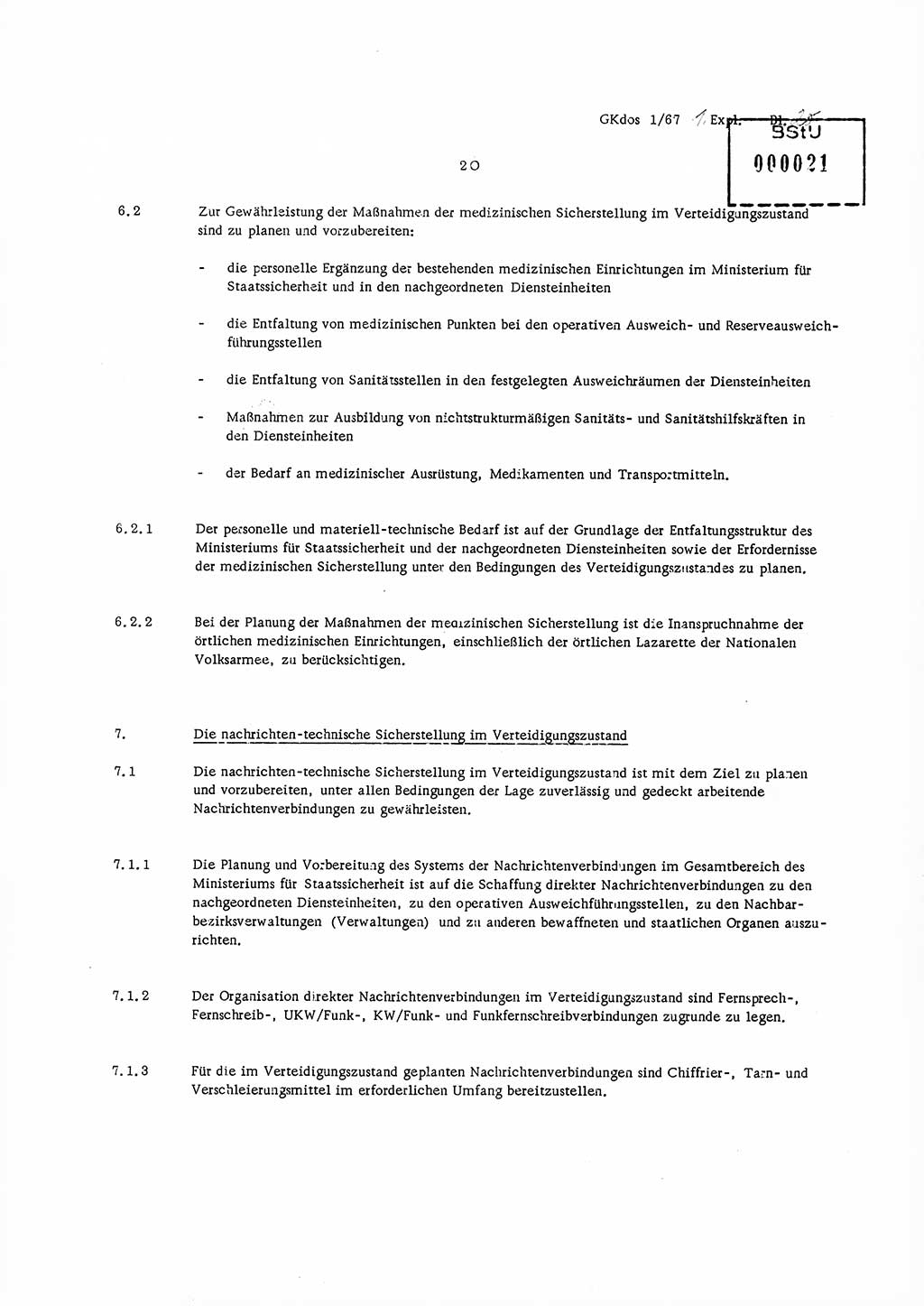 Direktive Nr. 1/67, Inhalt und Ziel der Mobilmachungsarbeit im Ministerium für Staatssicherheit, die Planung und Organisation der Mobilmachungsaufgaben und besonderer Maßnahmen der Vorbereitung des Ministeriums für Staatssicherheit im Verteidigungszustand, Deutsche Demokratische Republik (DDR), Ministerium für Staatssicherheit (MfS), Der Minister, Geheime Kommandosache (GKdos) 1/67, Berlin 1967, Seite 20 ( Dir. 1/67 DDR MfS Min. GKdos 1/67 1967, S. 20)