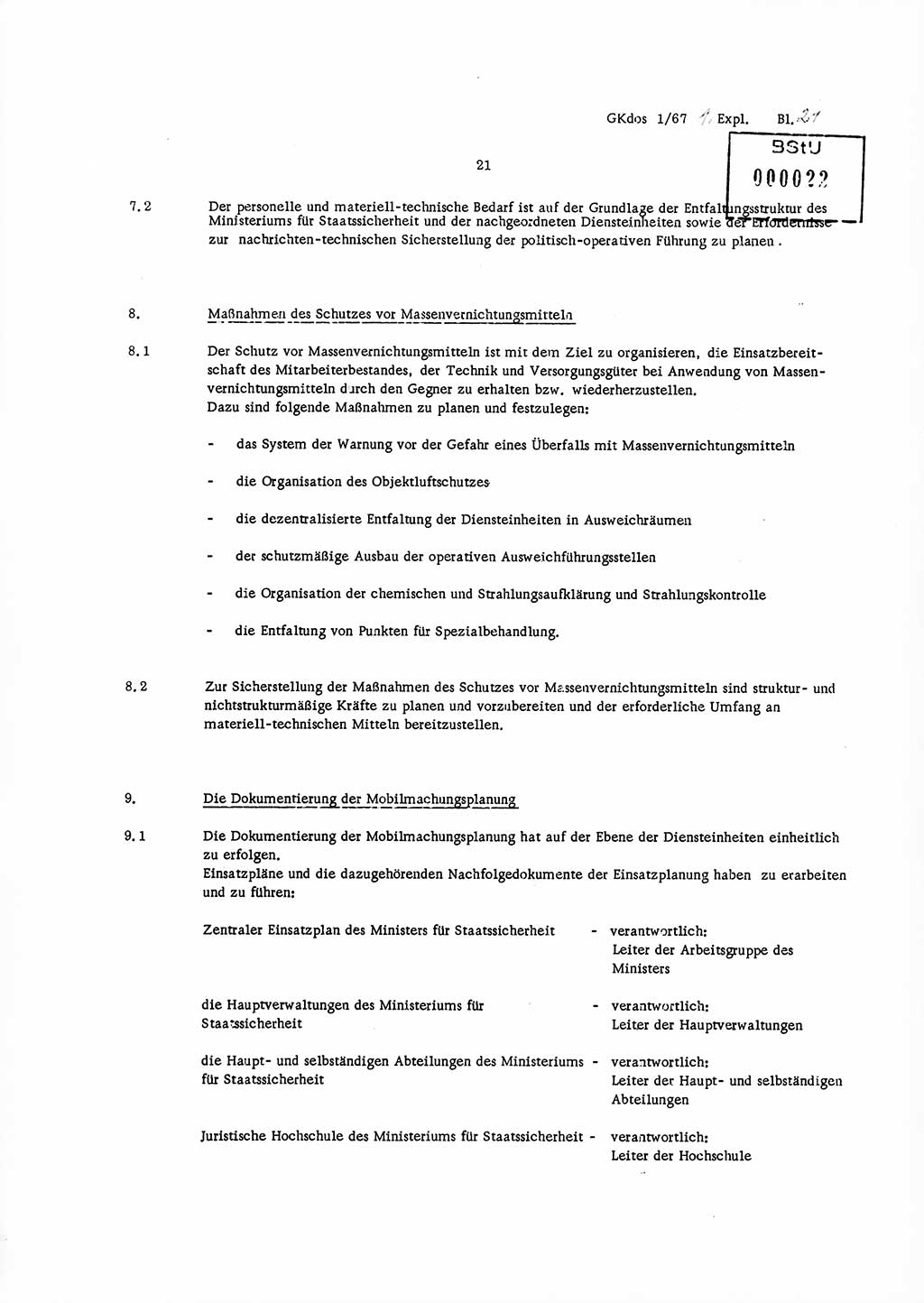 Direktive Nr. 1/67, Inhalt und Ziel der Mobilmachungsarbeit im Ministerium für Staatssicherheit, die Planung und Organisation der Mobilmachungsaufgaben und besonderer Maßnahmen der Vorbereitung des Ministeriums für Staatssicherheit im Verteidigungszustand, Deutsche Demokratische Republik (DDR), Ministerium für Staatssicherheit (MfS), Der Minister, Geheime Kommandosache (GKdos) 1/67, Berlin 1967, Seite 21 ( Dir. 1/67 DDR MfS Min. GKdos 1/67 1967, S. 21)