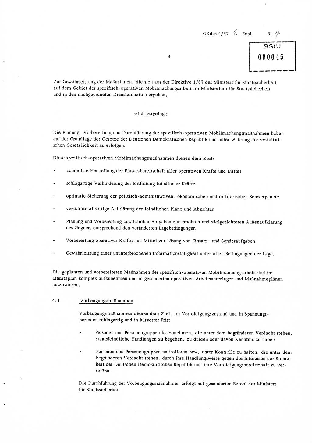 Durchführungsbestimmung Nr. 1 über die spezifisch-operative Mobilmachungsarbeit im Ministerium für Staatssicherheit (MfS) und in den nachgeordneten Diensteinheiten zur Direktive Nr. 4/67 des Ministers für Staatssicherheit, Deutsche Demokratische Republik (DDR), Ministerium für Staatssicherheit (MfS), Der Minister, Geheime Kommandosache (GKdos) 4/67, Berlin 1967, Seite 4 (DB 1 Dir. 1/67 DDR MfS Min. GKdos 4/67 1967, S. 4)