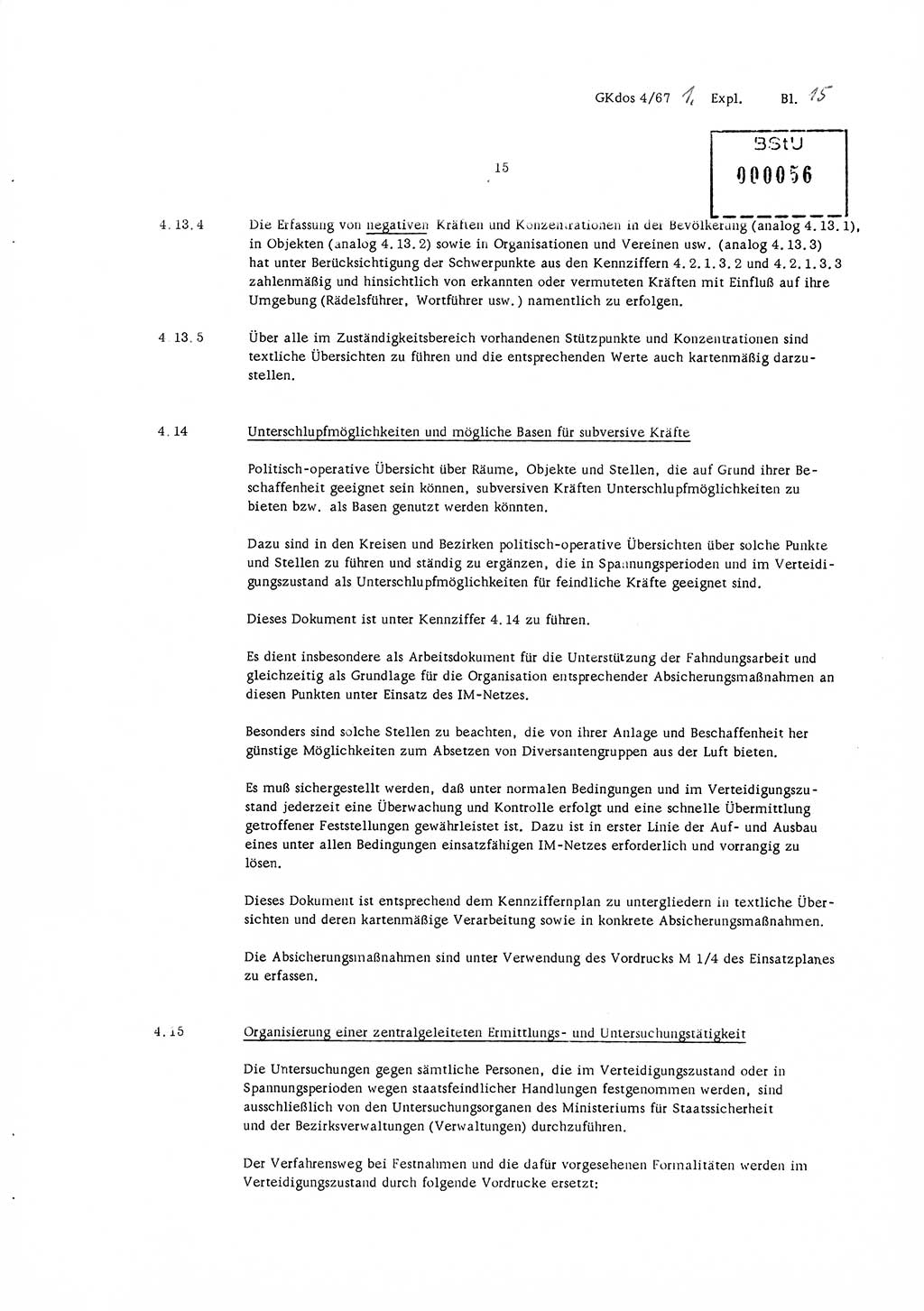 Durchführungsbestimmung Nr. 1 über die spezifisch-operative Mobilmachungsarbeit im Ministerium für Staatssicherheit (MfS) und in den nachgeordneten Diensteinheiten zur Direktive Nr. 4/67 des Ministers für Staatssicherheit, Deutsche Demokratische Republik (DDR), Ministerium für Staatssicherheit (MfS), Der Minister, Geheime Kommandosache (GKdos) 4/67, Berlin 1967, Seite 15 (DB 1 Dir. 1/67 DDR MfS Min. GKdos 4/67 1967, S. 15)