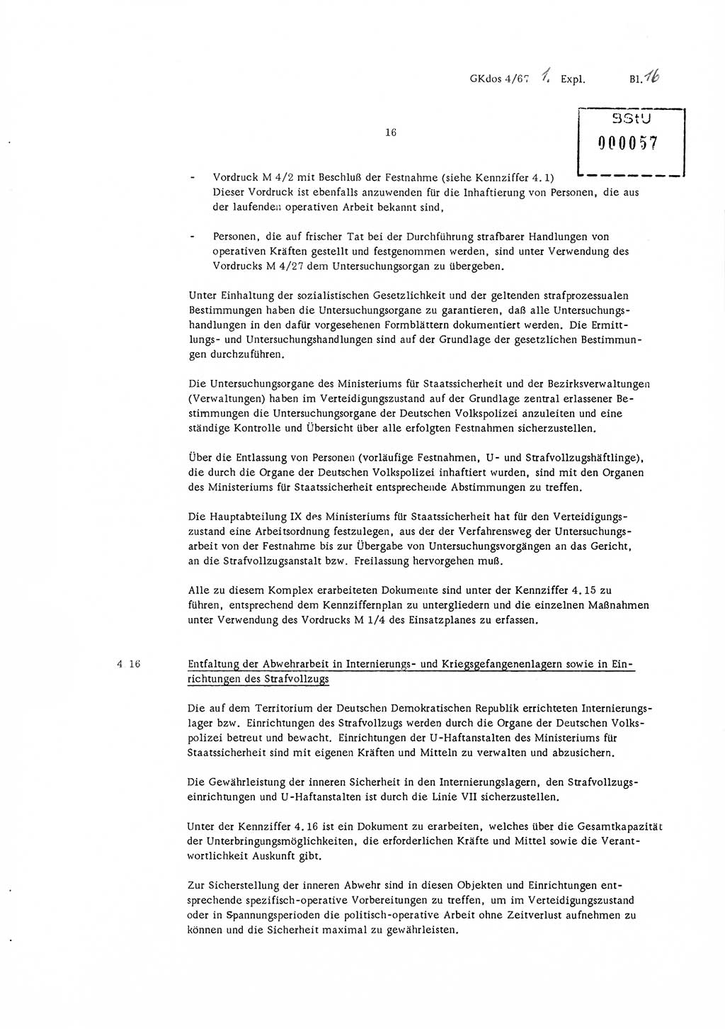 Durchführungsbestimmung Nr. 1 über die spezifisch-operative Mobilmachungsarbeit im Ministerium für Staatssicherheit (MfS) und in den nachgeordneten Diensteinheiten zur Direktive Nr. 4/67 des Ministers für Staatssicherheit, Deutsche Demokratische Republik (DDR), Ministerium für Staatssicherheit (MfS), Der Minister, Geheime Kommandosache (GKdos) 4/67, Berlin 1967, Seite 16 (DB 1 Dir. 1/67 DDR MfS Min. GKdos 4/67 1967, S. 16)