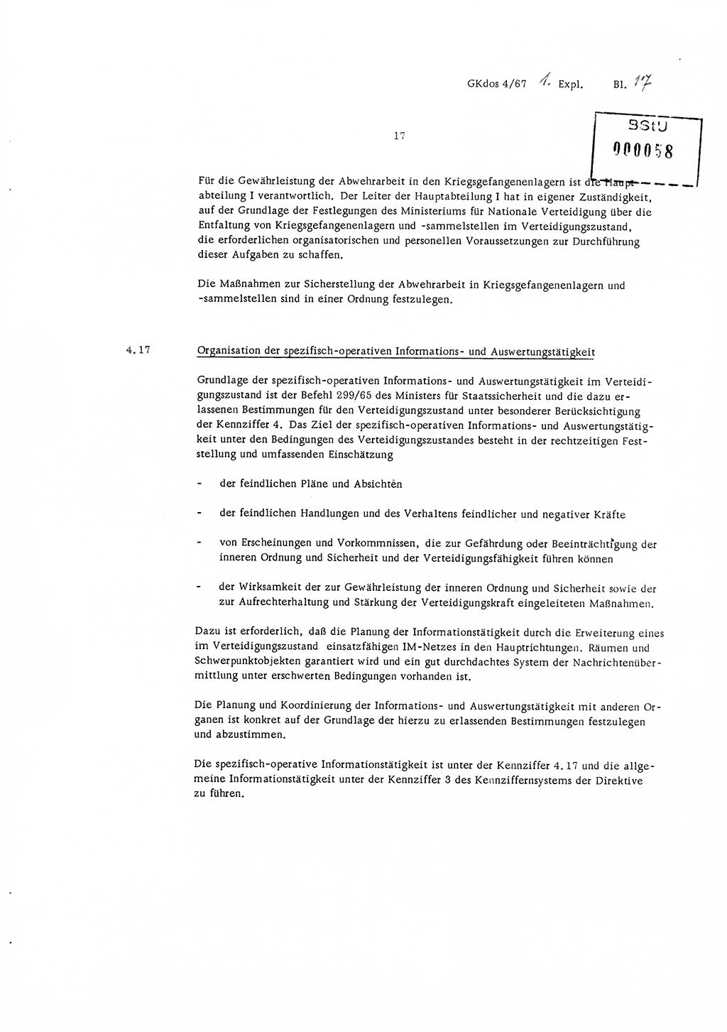 Durchführungsbestimmung Nr. 1 über die spezifisch-operative Mobilmachungsarbeit im Ministerium für Staatssicherheit (MfS) und in den nachgeordneten Diensteinheiten zur Direktive Nr. 4/67 des Ministers für Staatssicherheit, Deutsche Demokratische Republik (DDR), Ministerium für Staatssicherheit (MfS), Der Minister, Geheime Kommandosache (GKdos) 4/67, Berlin 1967, Seite 17 (DB 1 Dir. 1/67 DDR MfS Min. GKdos 4/67 1967, S. 17)