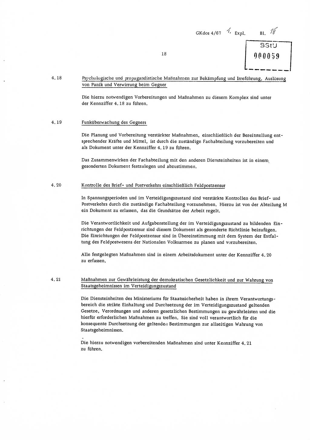 Durchführungsbestimmung Nr. 1 über die spezifisch-operative Mobilmachungsarbeit im Ministerium für Staatssicherheit (MfS) und in den nachgeordneten Diensteinheiten zur Direktive Nr. 4/67 des Ministers für Staatssicherheit, Deutsche Demokratische Republik (DDR), Ministerium für Staatssicherheit (MfS), Der Minister, Geheime Kommandosache (GKdos) 4/67, Berlin 1967, Seite 18 (DB 1 Dir. 1/67 DDR MfS Min. GKdos 4/67 1967, S. 18)