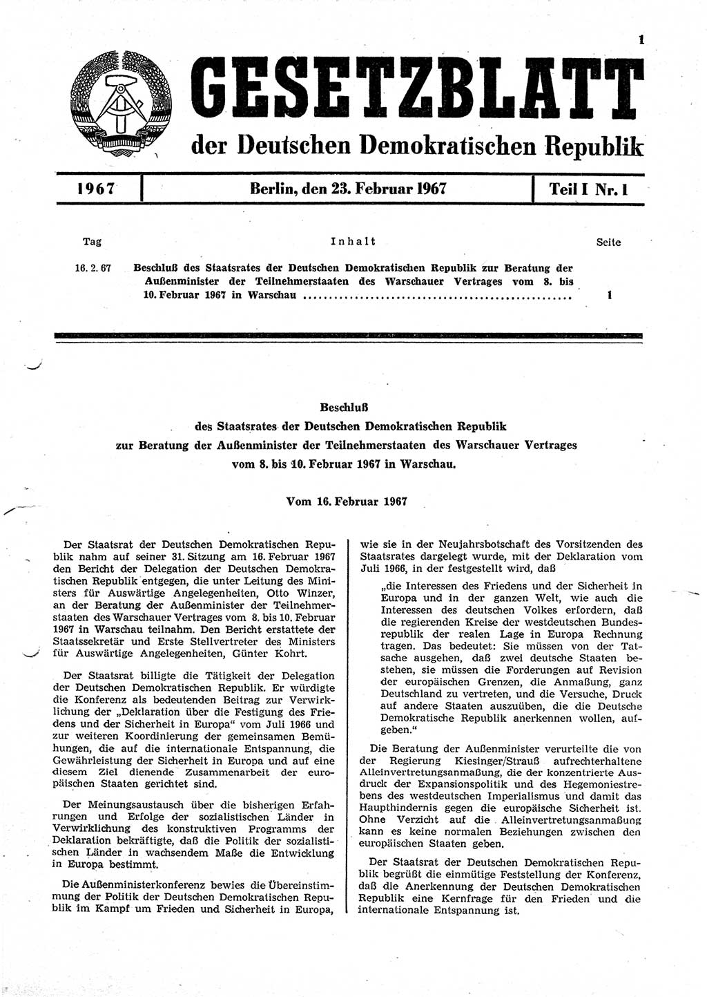 Gesetzblatt (GBl.) der Deutschen Demokratischen Republik (DDR) Teil Ⅰ 1967, Seite 1 (GBl. DDR Ⅰ 1967, S. 1)