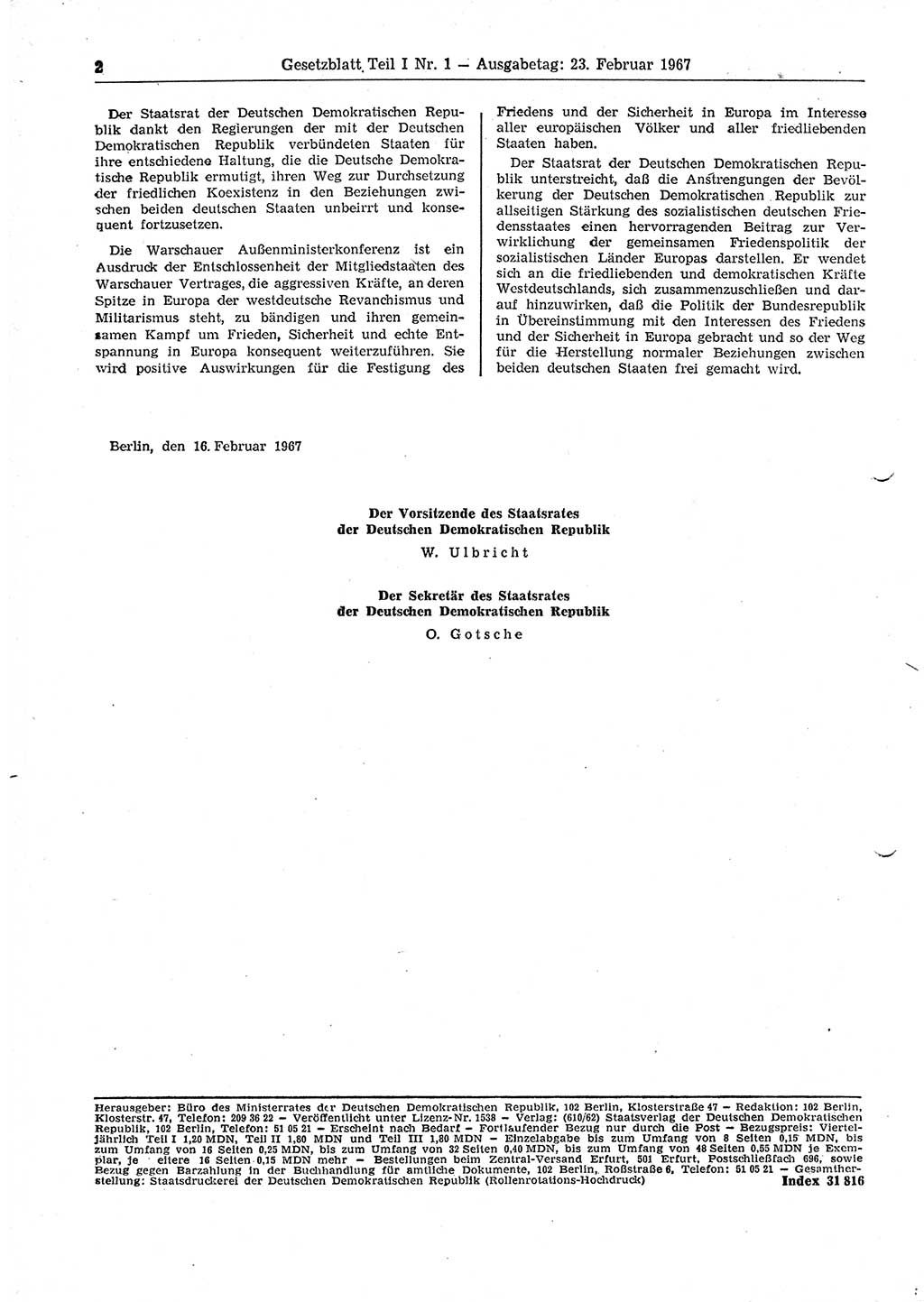Gesetzblatt (GBl.) der Deutschen Demokratischen Republik (DDR) Teil Ⅰ 1967, Seite 2 (GBl. DDR Ⅰ 1967, S. 2)