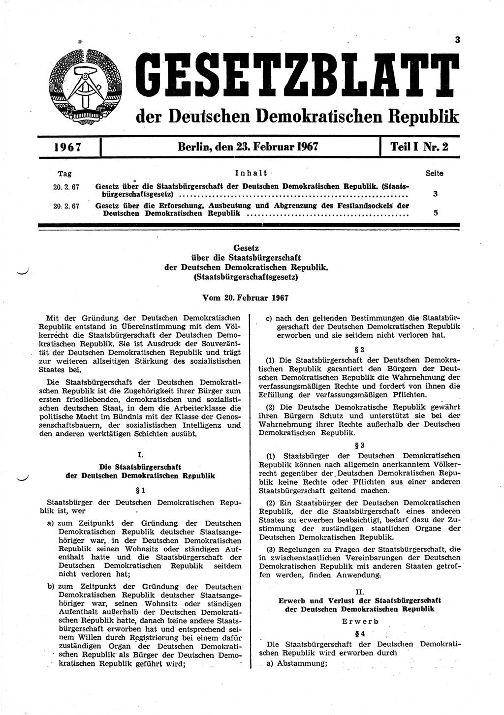 Gesetzblatt (GBl.) der Deutschen Demokratischen Republik (DDR) Teil Ⅰ 1967, Seite 3 (GBl. DDR Ⅰ 1967, S. 3)