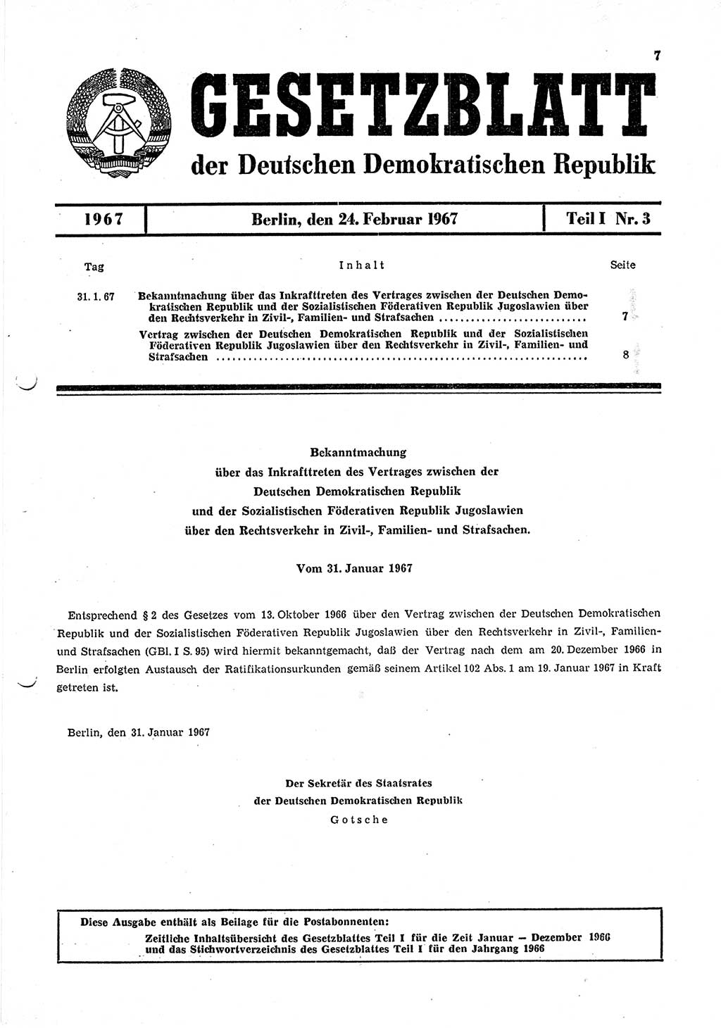 Gesetzblatt (GBl.) der Deutschen Demokratischen Republik (DDR) Teil Ⅰ 1967, Seite 7 (GBl. DDR Ⅰ 1967, S. 7)